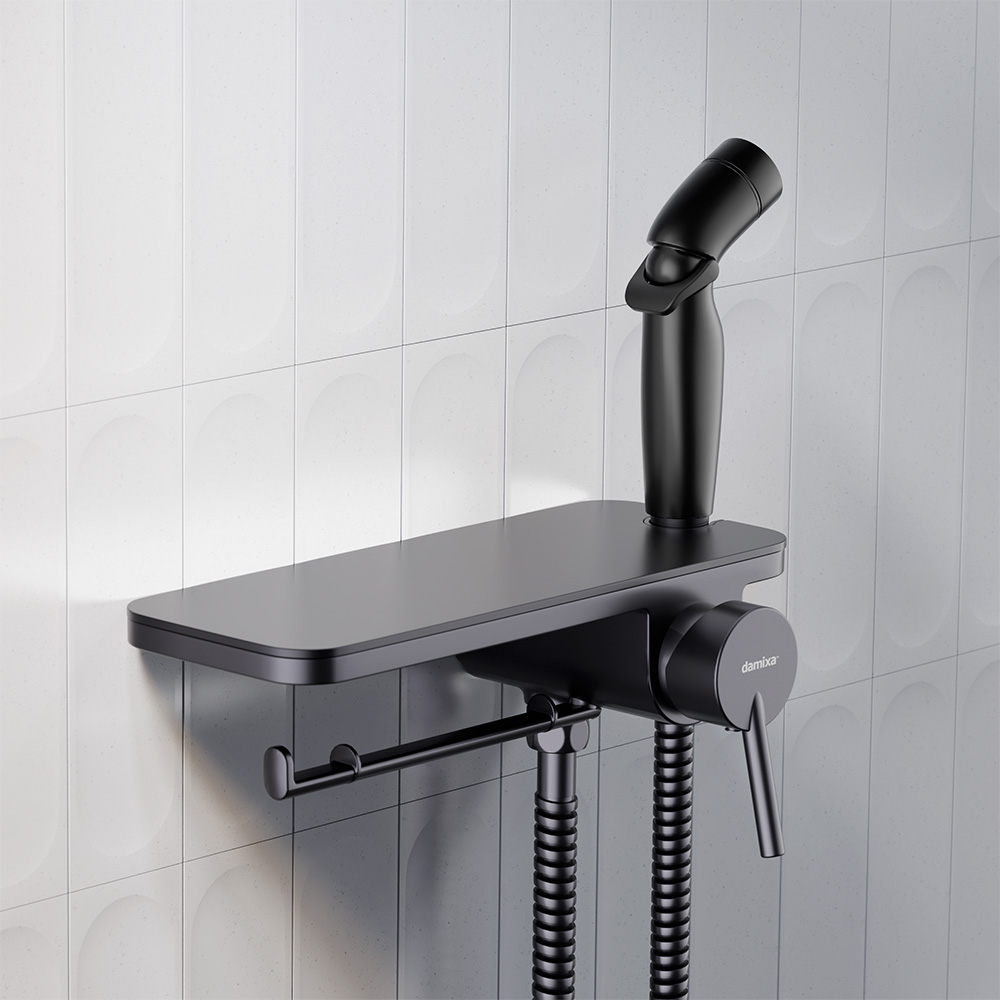 773500301 Jupiter, смеситель монтируемый в стену с гиг. душем и полкой, черный