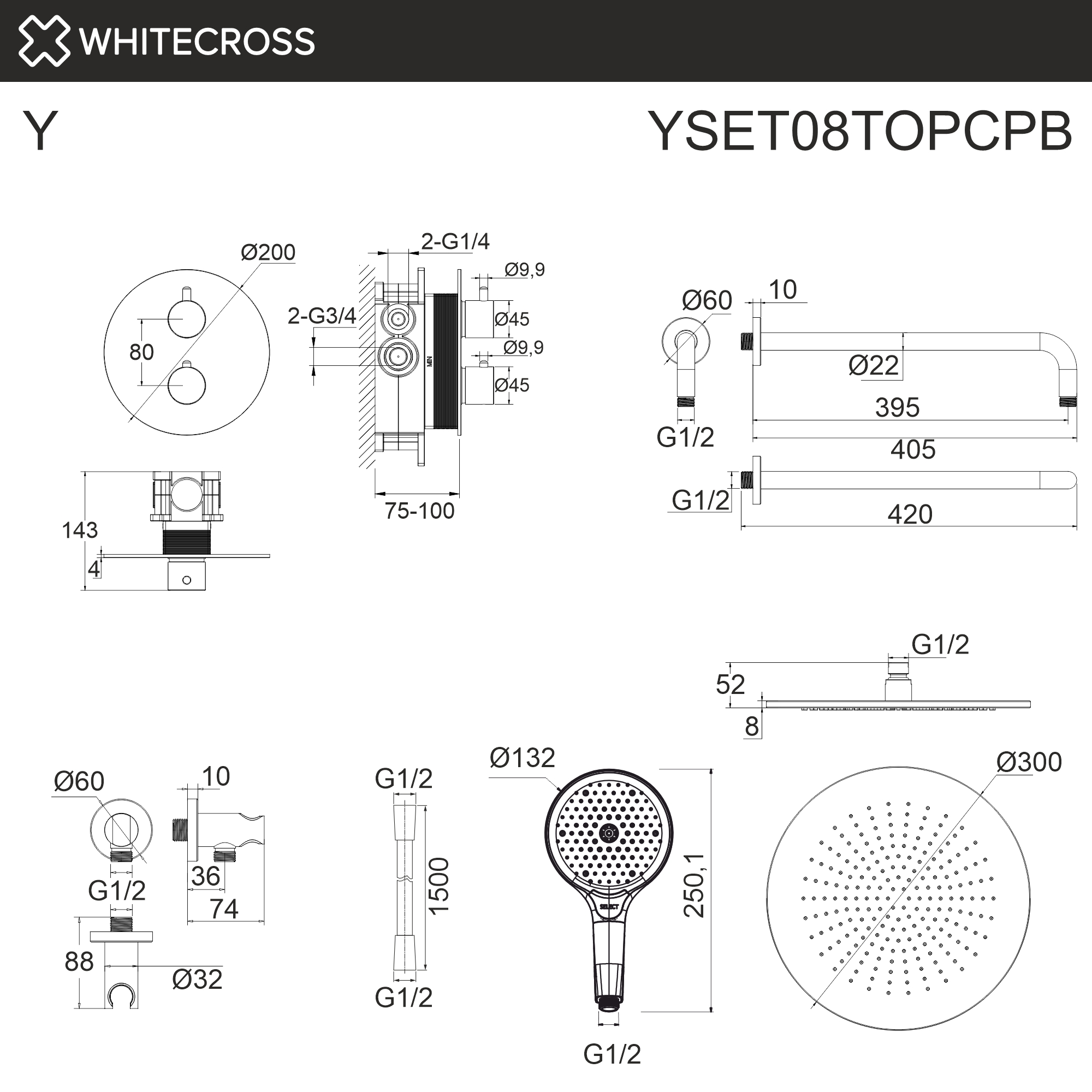 Термостатическая душевая система скрытого монтажа WHITECROSS YSET08TOPCPB (брашированная медь)