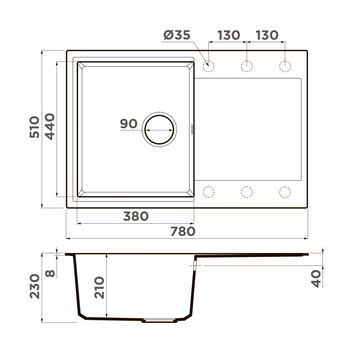Кухонная мойка omoikiri daisen 78t-wh tetogranit/белый 780 x 510 x 230