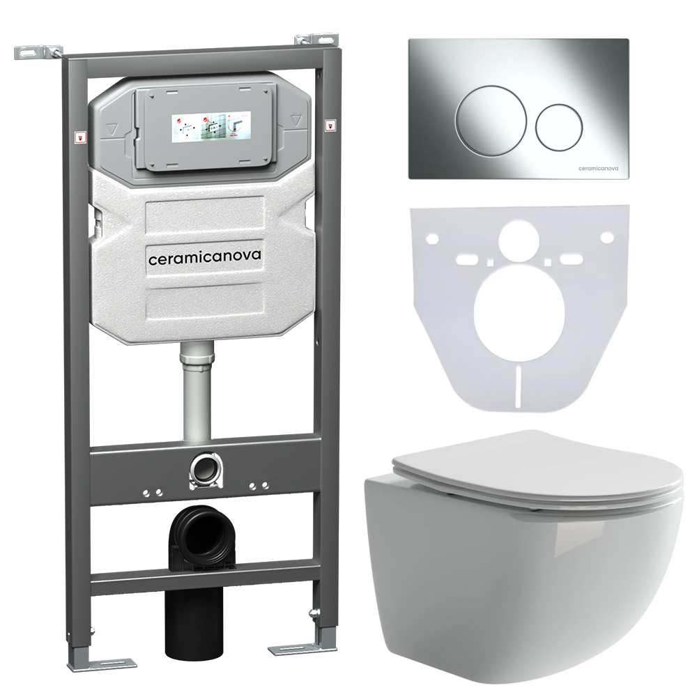 Сет 4 в 1: подвесной унитаз forma rimless арт. cn3009 + шумоизоляционная панель для инсталляции арт. cn1000 + система инсталляции для унитазов ceramicanova envision с кнопкой смыва round цвет хром и креплениями, арт. cn1001ch