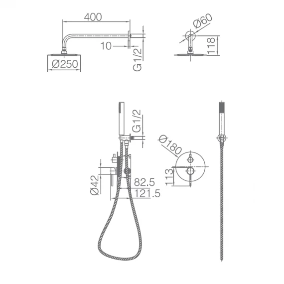 Смеситель для душа скрытого монтажа готовый комплект верхний душ ø25cм imex monza gpm039/orc brushed rose gold pvd