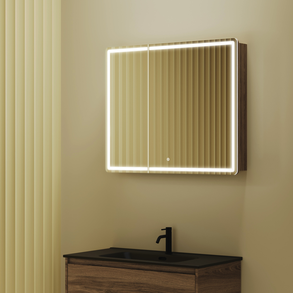 Зеркальный шкаф для ванной комнаты sancos mirror 890x150х740 мм, с led подсветкой, цвет дуб чарльстон, арт. mi90ech