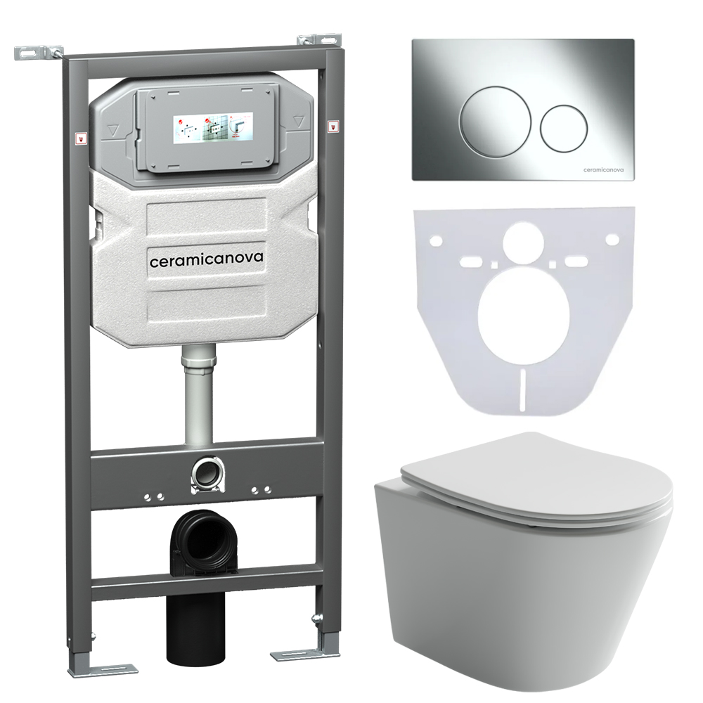 Сет 4 в 1: подвесной унитаз balearica rimless арт. cn6000 + шумоизоляционная панель для инсталляции арт. cn1000 + система инсталляции для унитазов ceramicanova envision с кнопкой смыва round цвет хром и креплениями, арт. cn1001ch