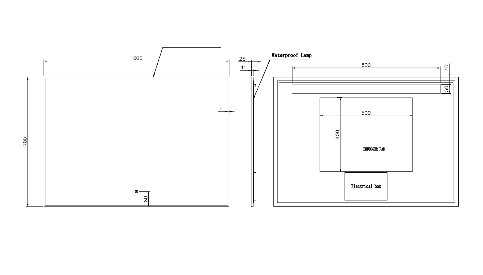 Прямоугольное зеркало , мет. рама, подсв., сенсор, антизапотевание, 100*70 matt gold