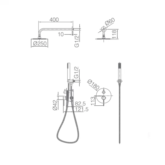 Смеситель для душа скрытого монтажа готовый комплект верхний душ ø25cм imex monza gpm039/ng matt black