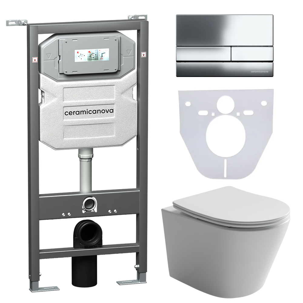 Сет 4 в 1: подвесной унитаз balearica rimless арт. cn6000 + шумоизоляционная панель для инсталляции арт. cn1000 + система инсталляции для унитазов ceramicanova envision с кнопкой смыва flat цвет хром, креплениями, арт. cn1002ch