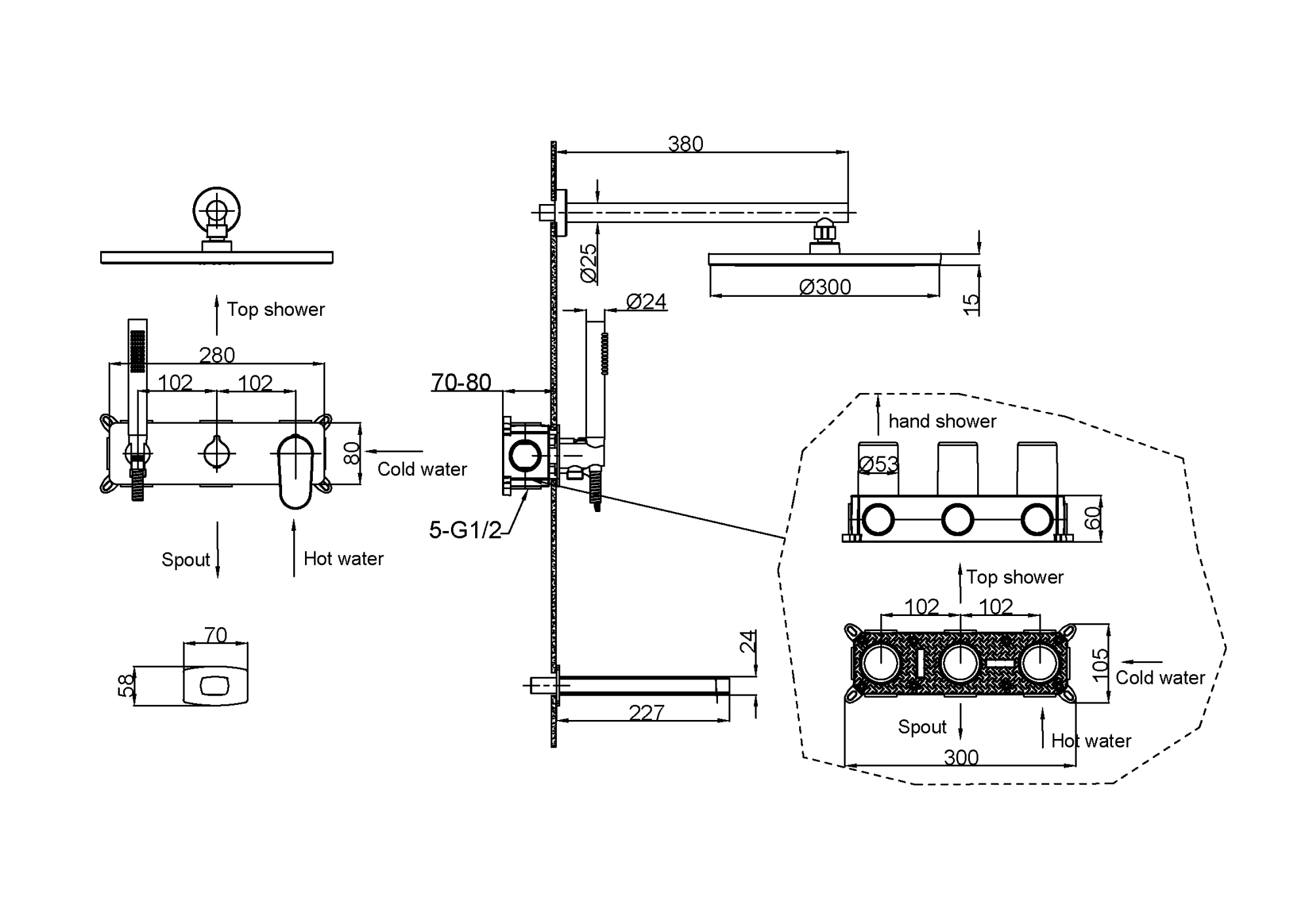 Смеситель встроенный для душа с верхней лейкой и изливом spectre matt gold