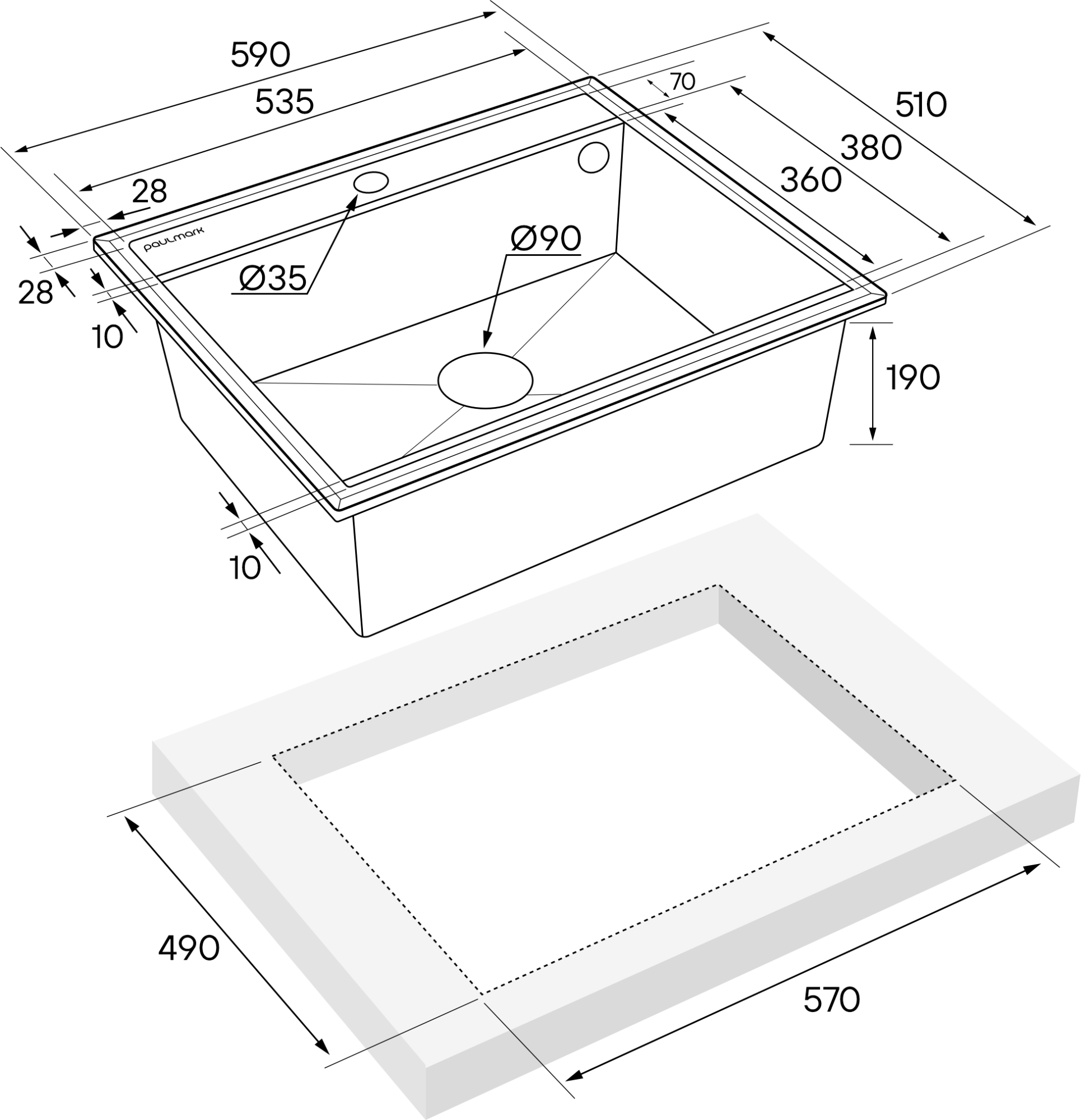 Мойка stepia 60, it-granit, pm115951-blm, черный металлик, 590х510, paulmark