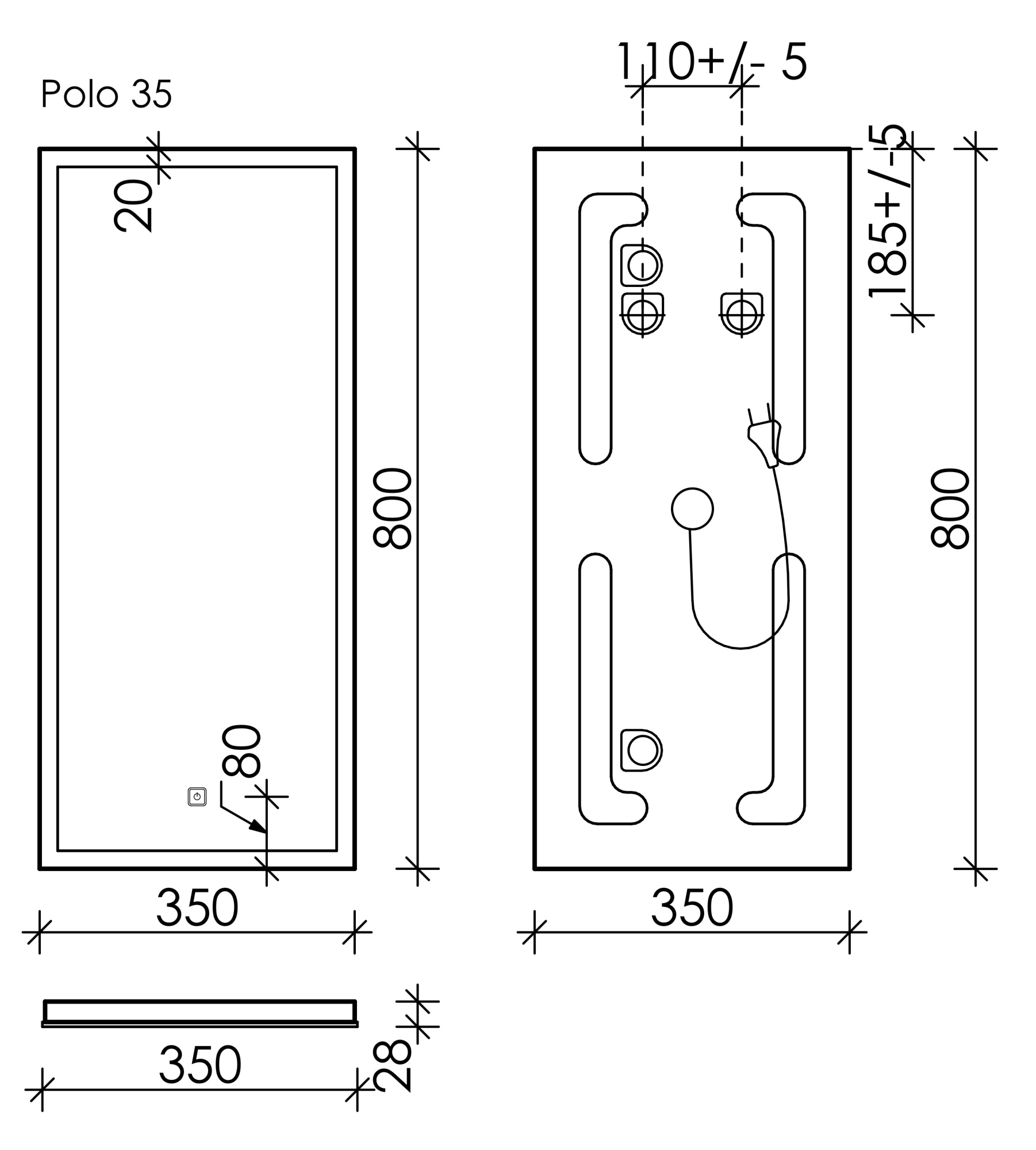 Зеркало для ванной комнаты  sancos polo 350х800 с подсветкой, арт. pl35