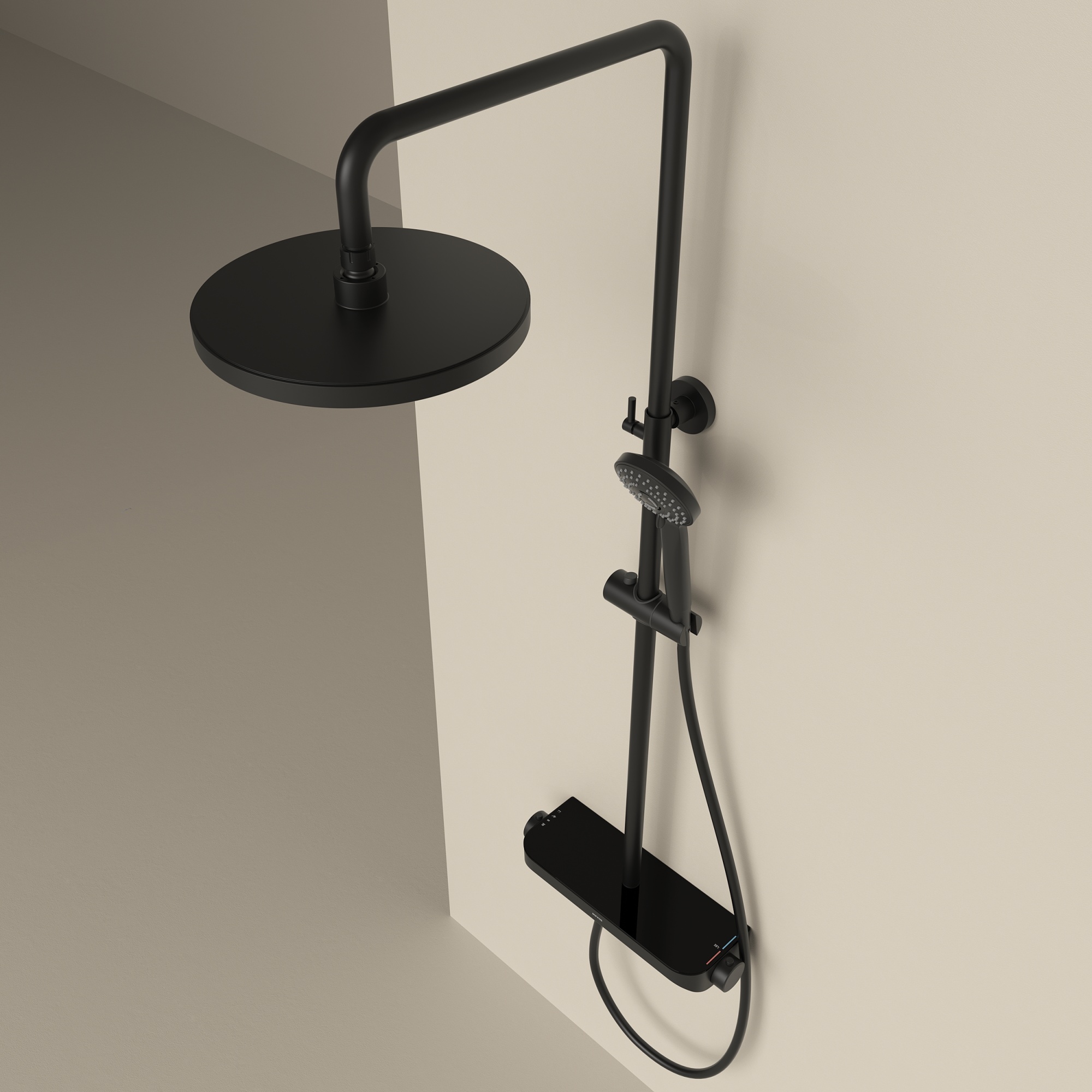 Душевая стойка Sancos Teo c термостатом, встроенным изливом, полкой и с регулировкой по высоте штанги, цвет черный матовый, арт. SC11002MB
