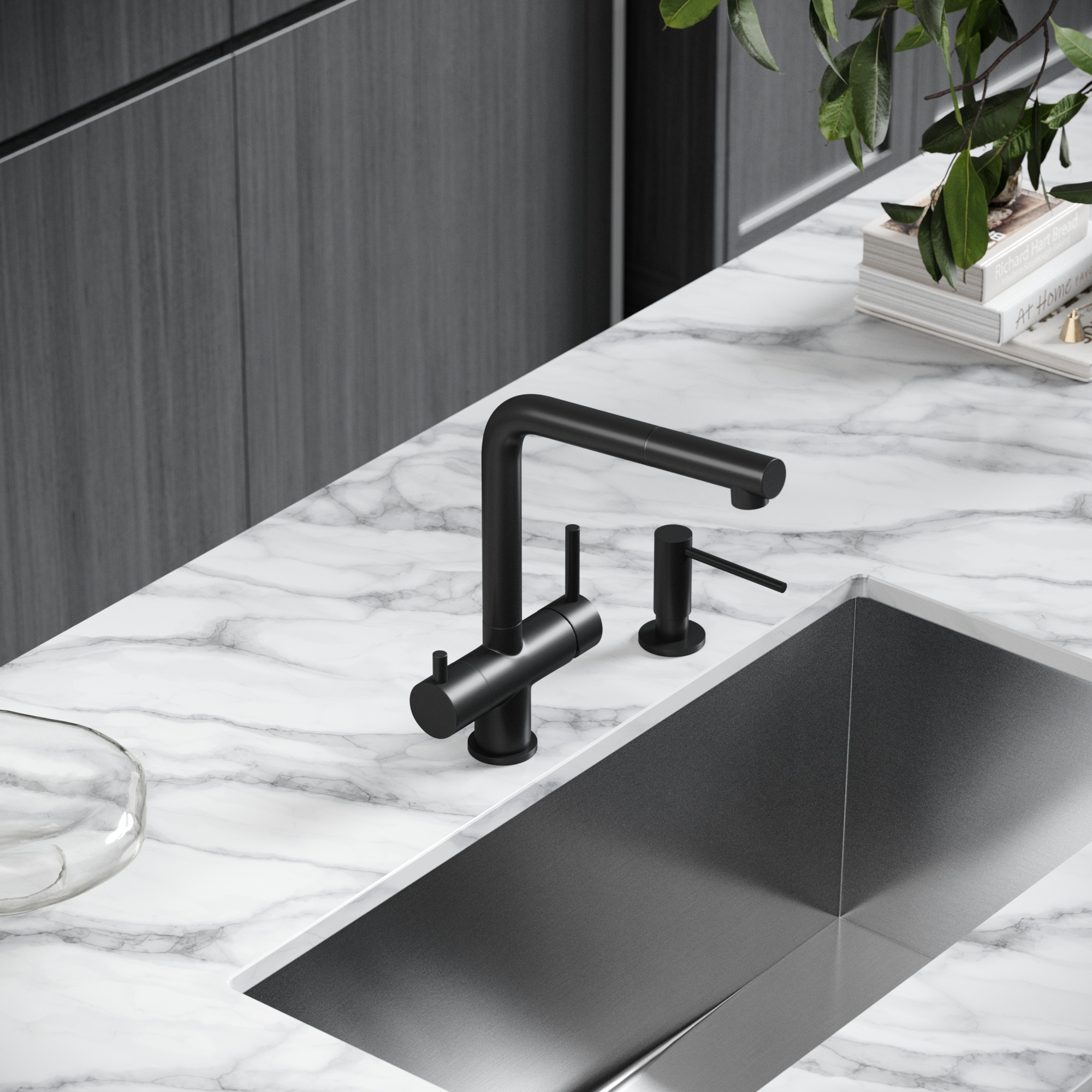 Смеситель для кухни SANCOS Spin с поворотным и вытяжным изливом, c краном для фильтрованной воды, цвет черный матовый, арт. SC4015MB