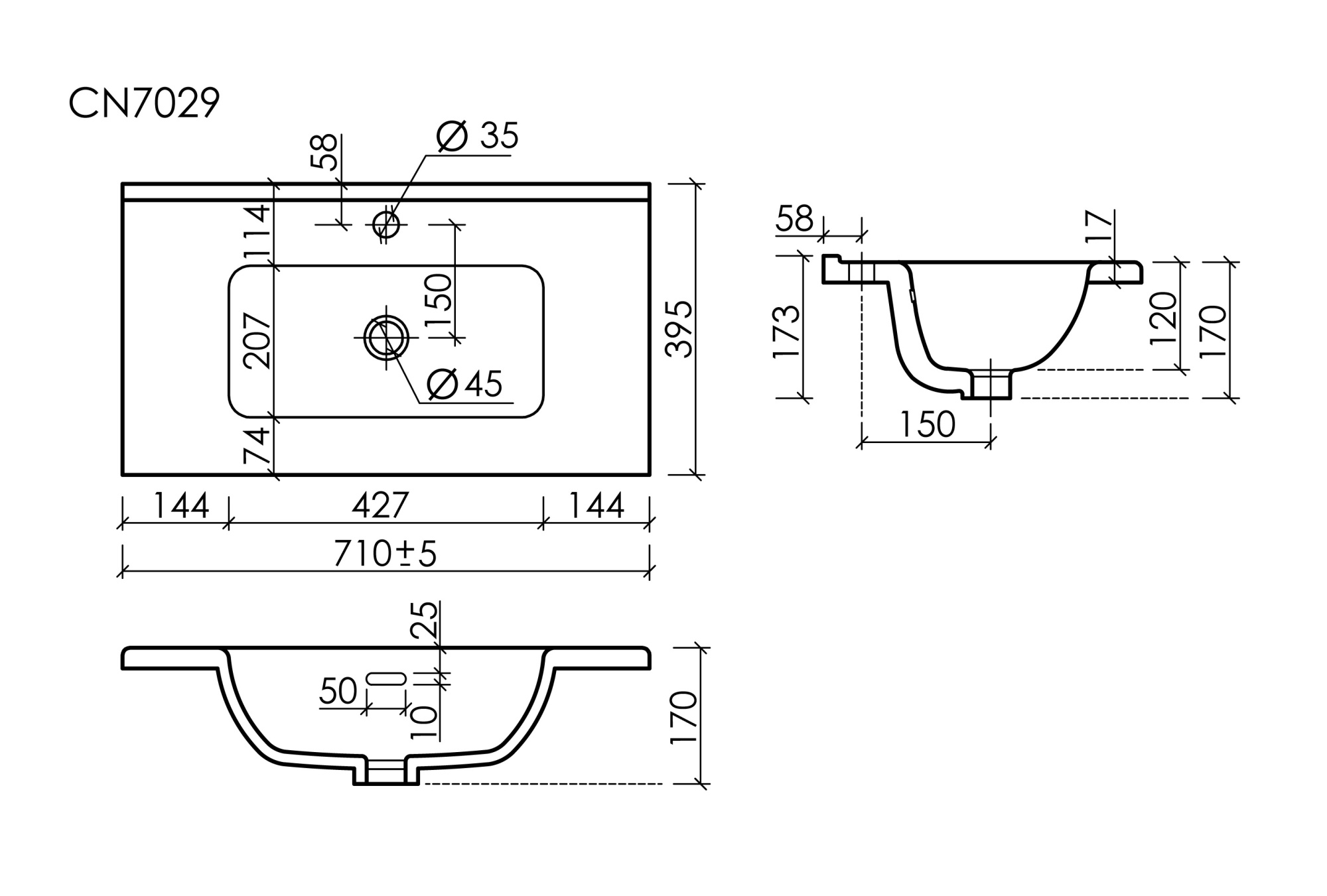 CN7029 Раковина мебельная накладная Compact 710x395x170, цвет белый