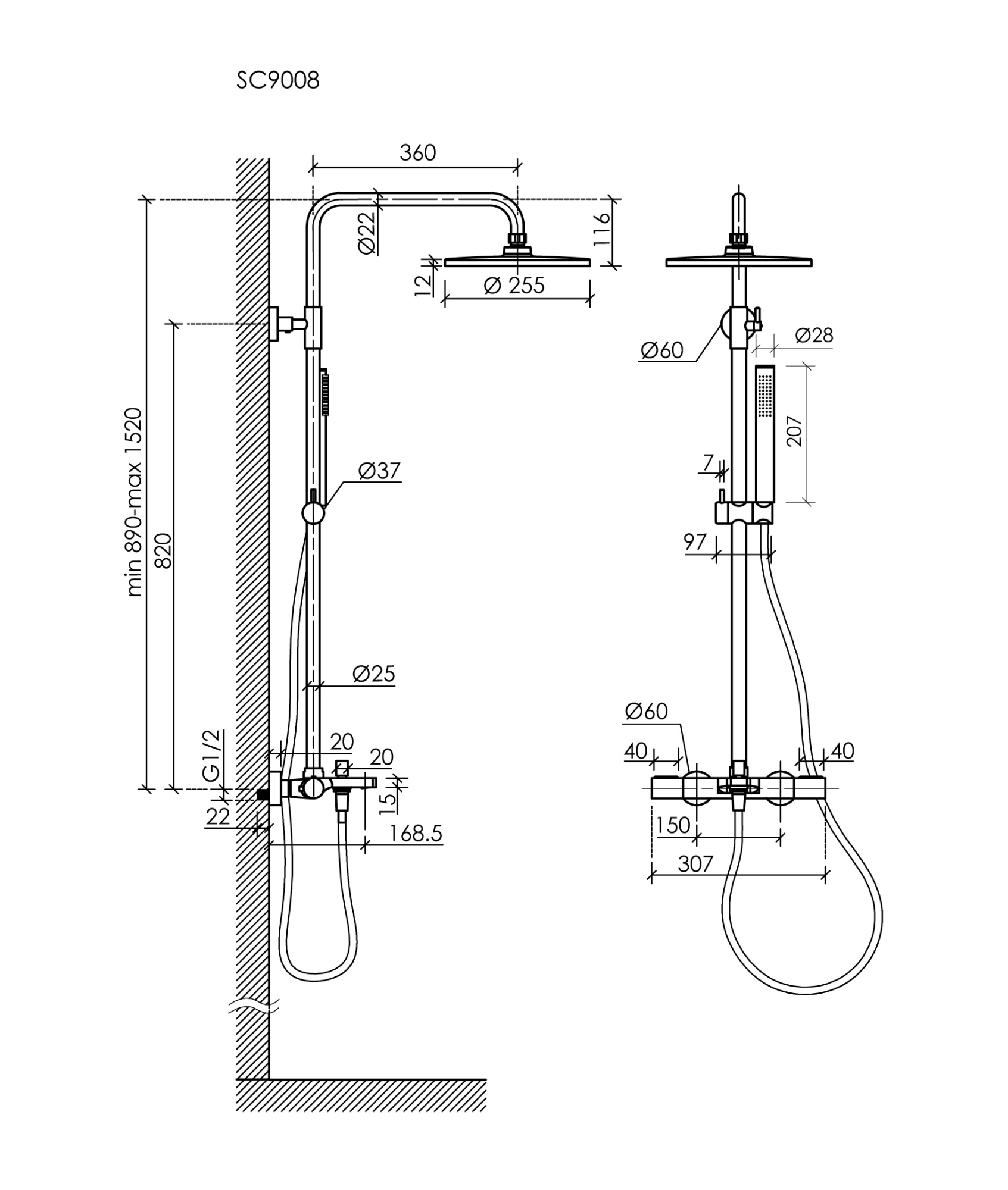 Душевая стойка с термостатом и изливом sancos etna, вороненая сталь, арт. sc9008gg