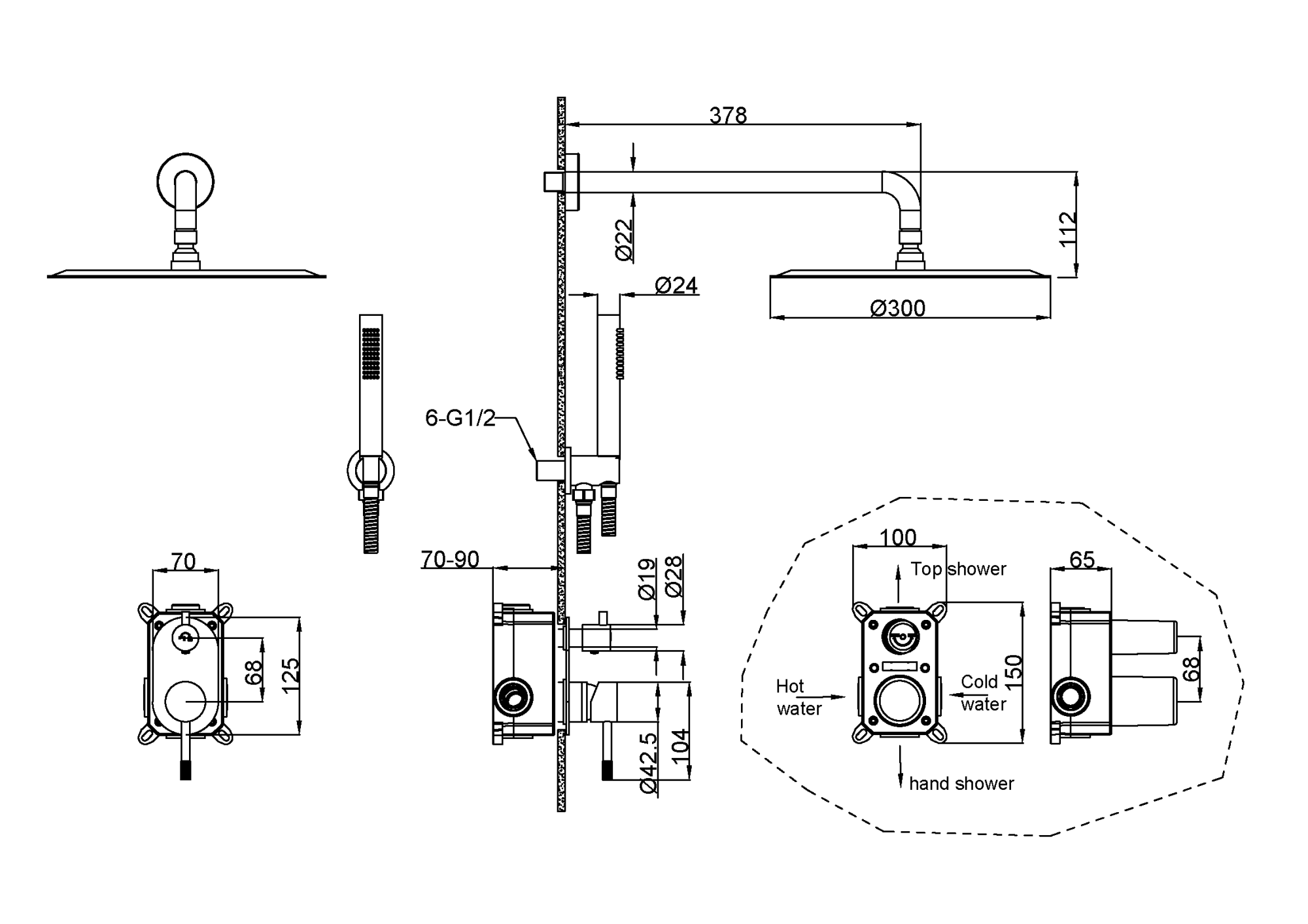 Смеситель встроенный + верхний+ ручной душ uno. белый хром
