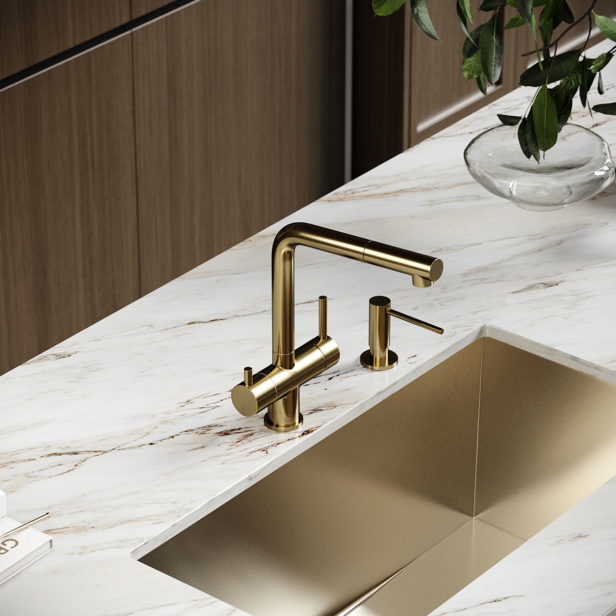 Смеситель для кухни SANCOS Spin с поворотным и вытяжным изливом, c краном для фильтрованной воды, цвет брашированное золото, арт. SC4015BG