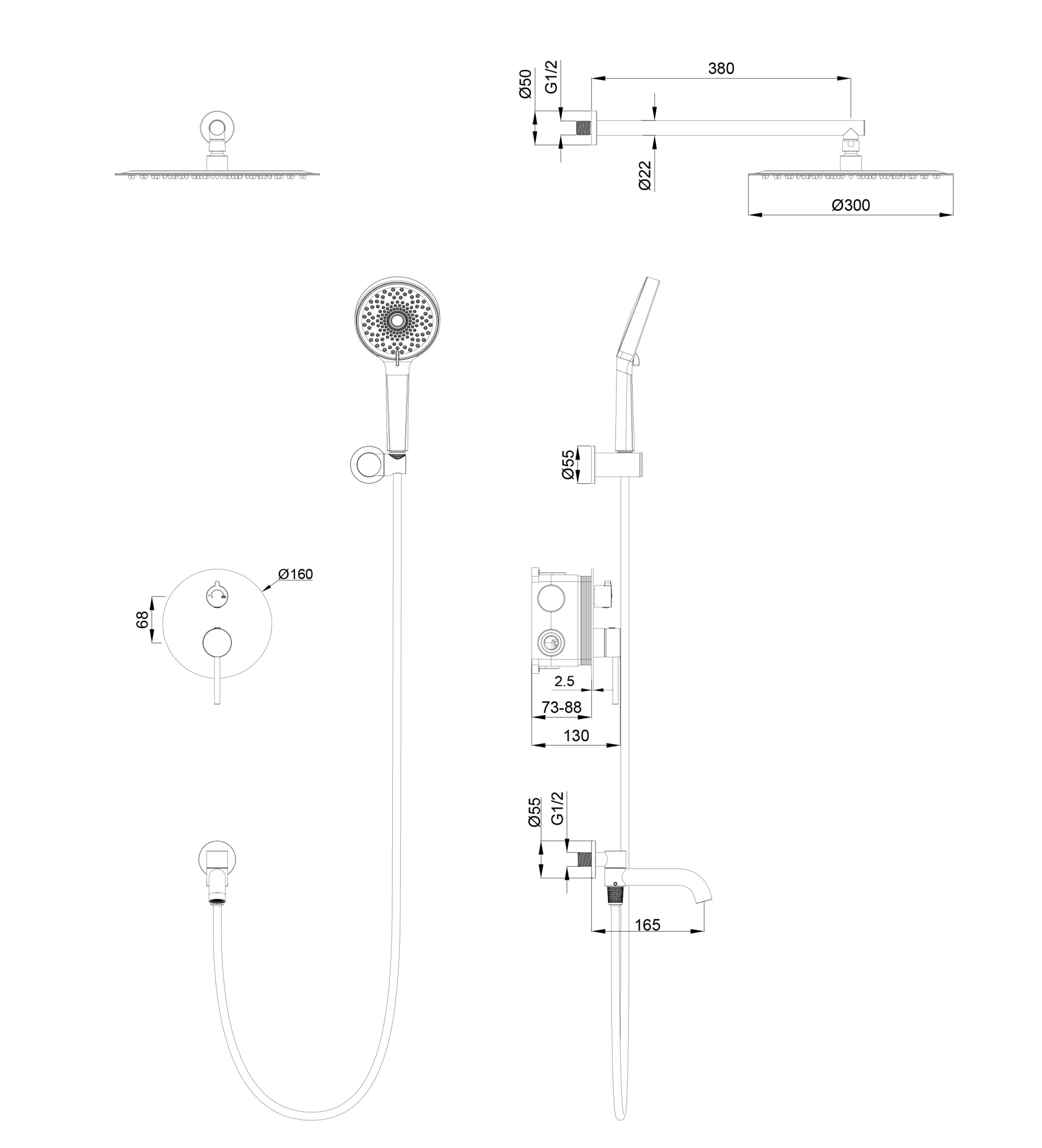Душевая система встраиваемая wonzon & woghand stick, брашированный никель (ww-88939017-bn)