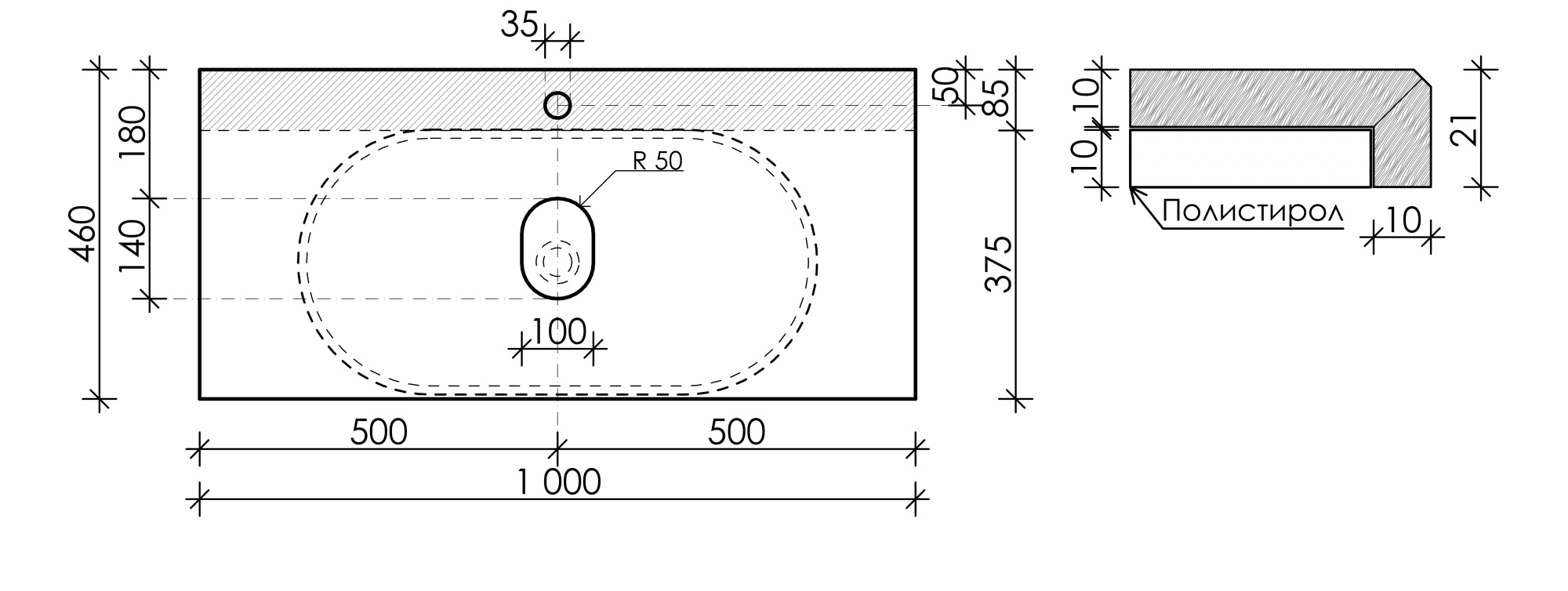 Столешница для ванной комнаты sancos  1000х460 , арт. tt100a2x