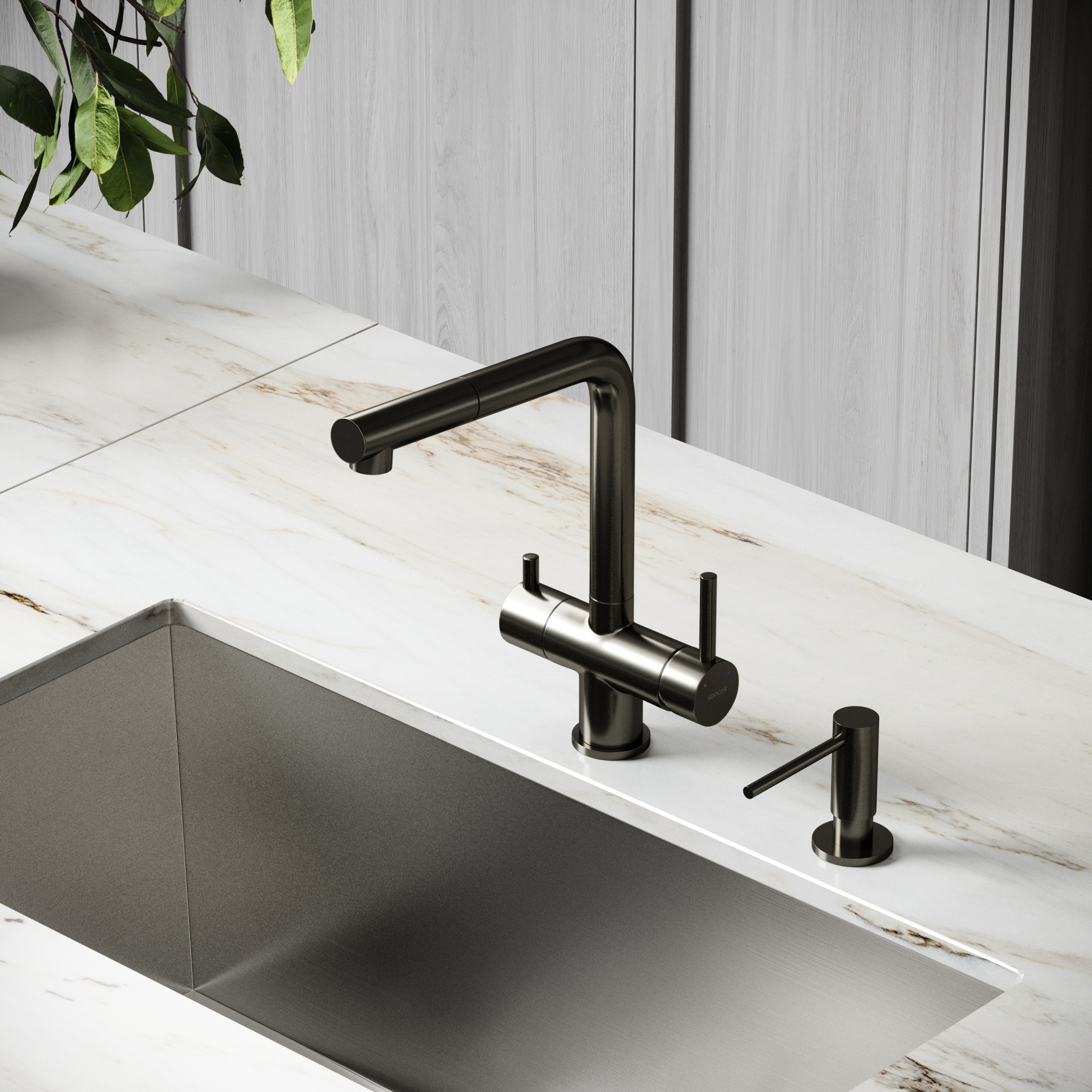 Смеситель для кухни SANCOS Spin с поворотным и вытяжным изливом, c краном для фильтрованной воды, цвет вороненая сталь, арт. SC4015GG