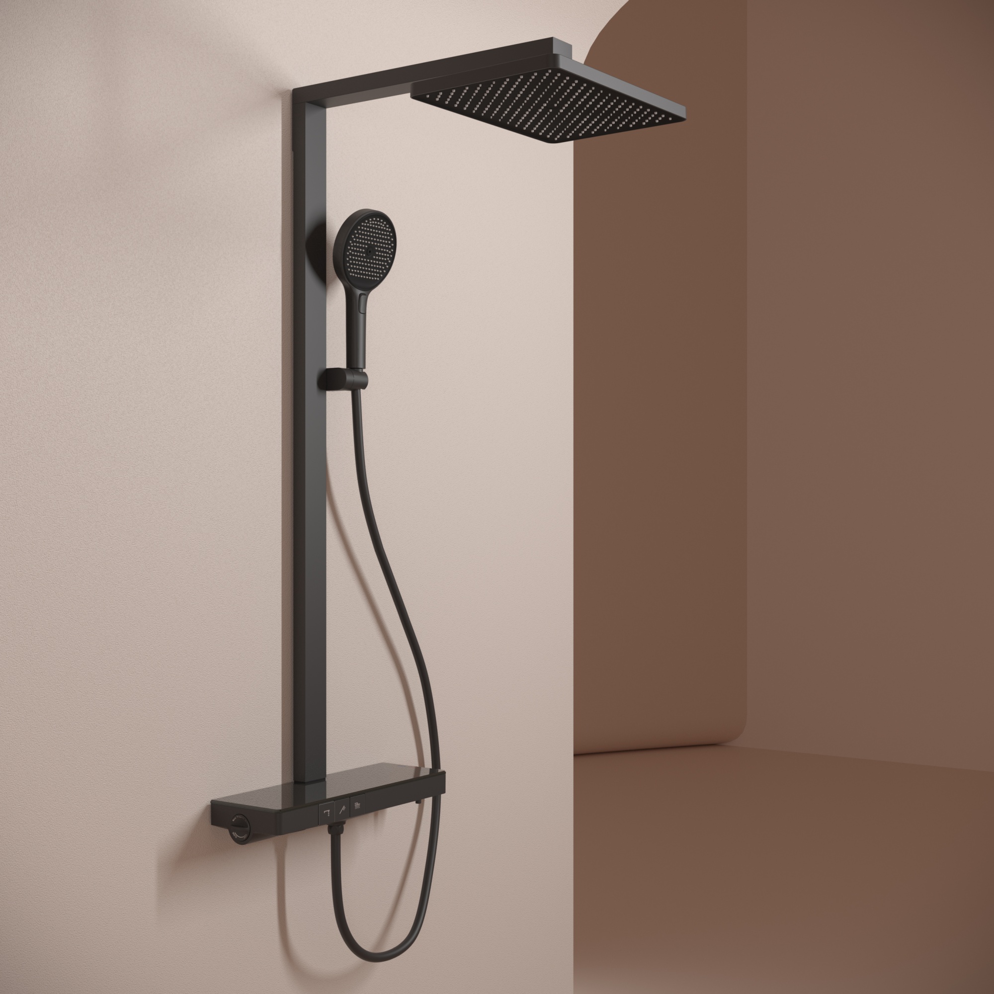 Душевая стойка sancos vos с термостатическим смесителем, изливом, полкой, шлангом 1,5 м, верхним и ручным душем, цвет черный матовый, арт. sc6100mb