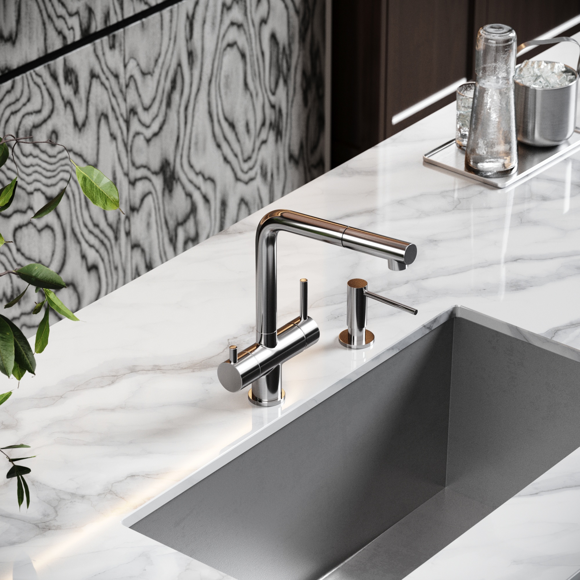 Смеситель для кухни SANCOS Spin с поворотным и вытяжным изливом, c краном для фильтрованной воды, цвет брашированный никель, арт. SC4015BN