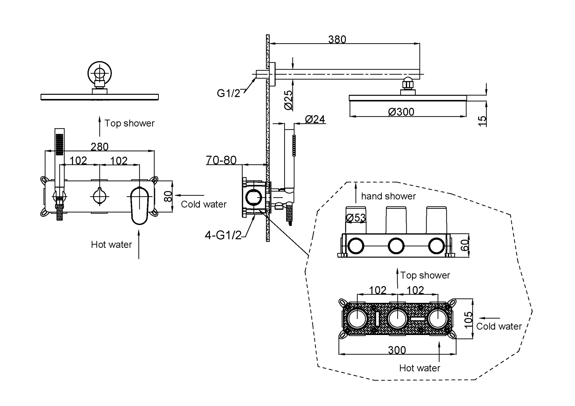 Смеситель встроенный для душа с верхней лейкой spectre matt gold