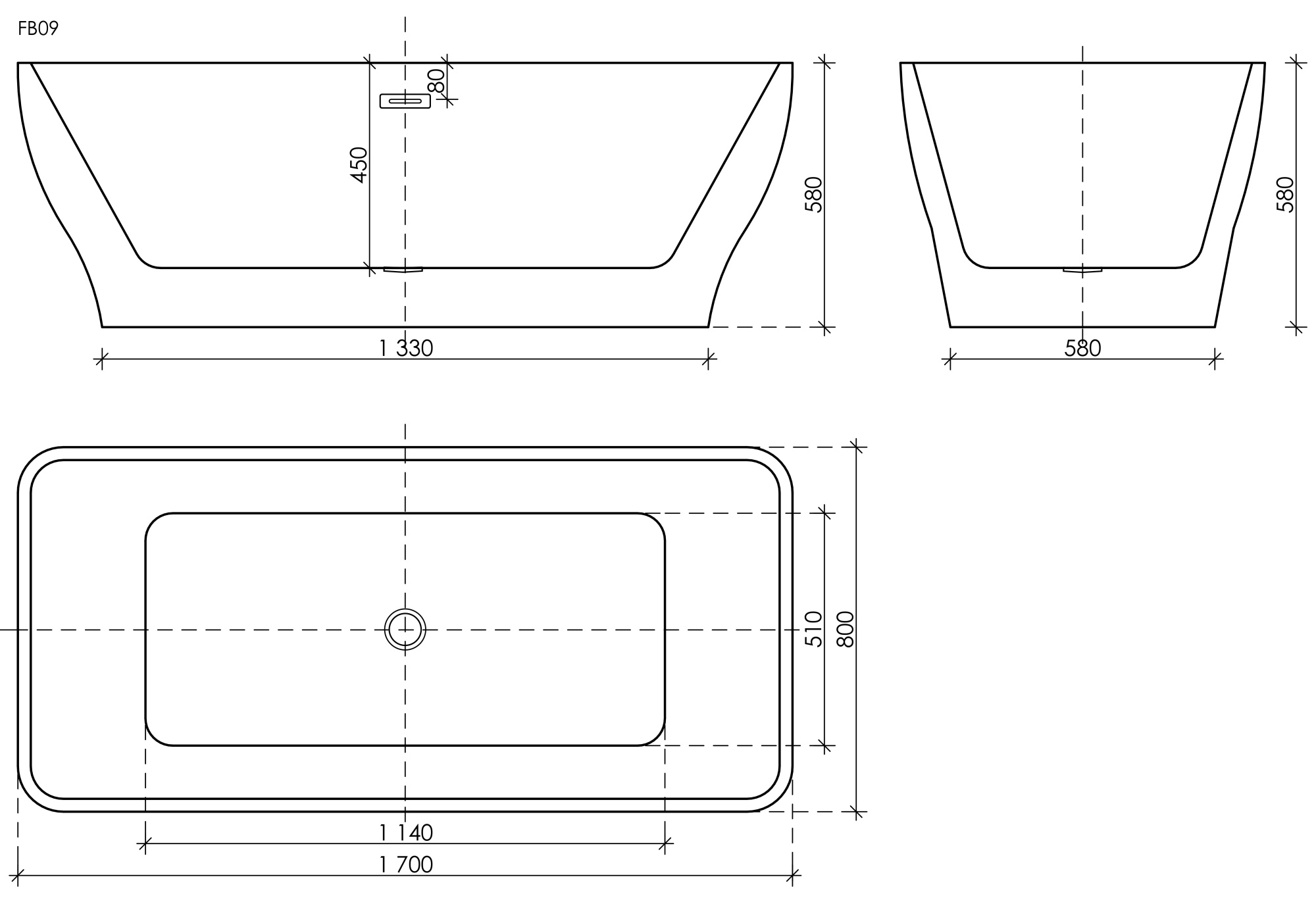 Ванна neo акриловая отдельностоящая; цвет белый; размер 1700*800*580мм; слив-перелив донный клапан "click-clack" в комплекте, хром арт. fb09