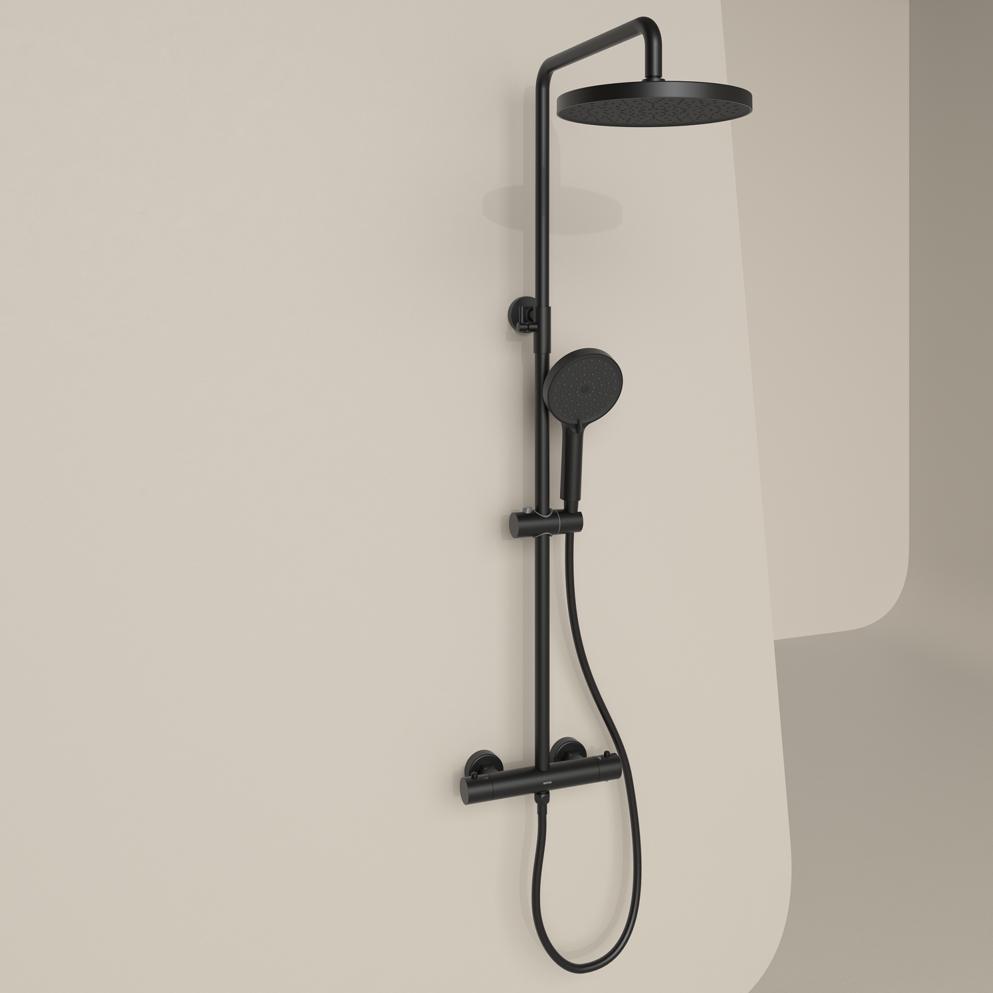 Душевая стойка Sancos Teo c термостатом, с регулировкой по высоте, цвет черный матовый, арт. SC11001MB