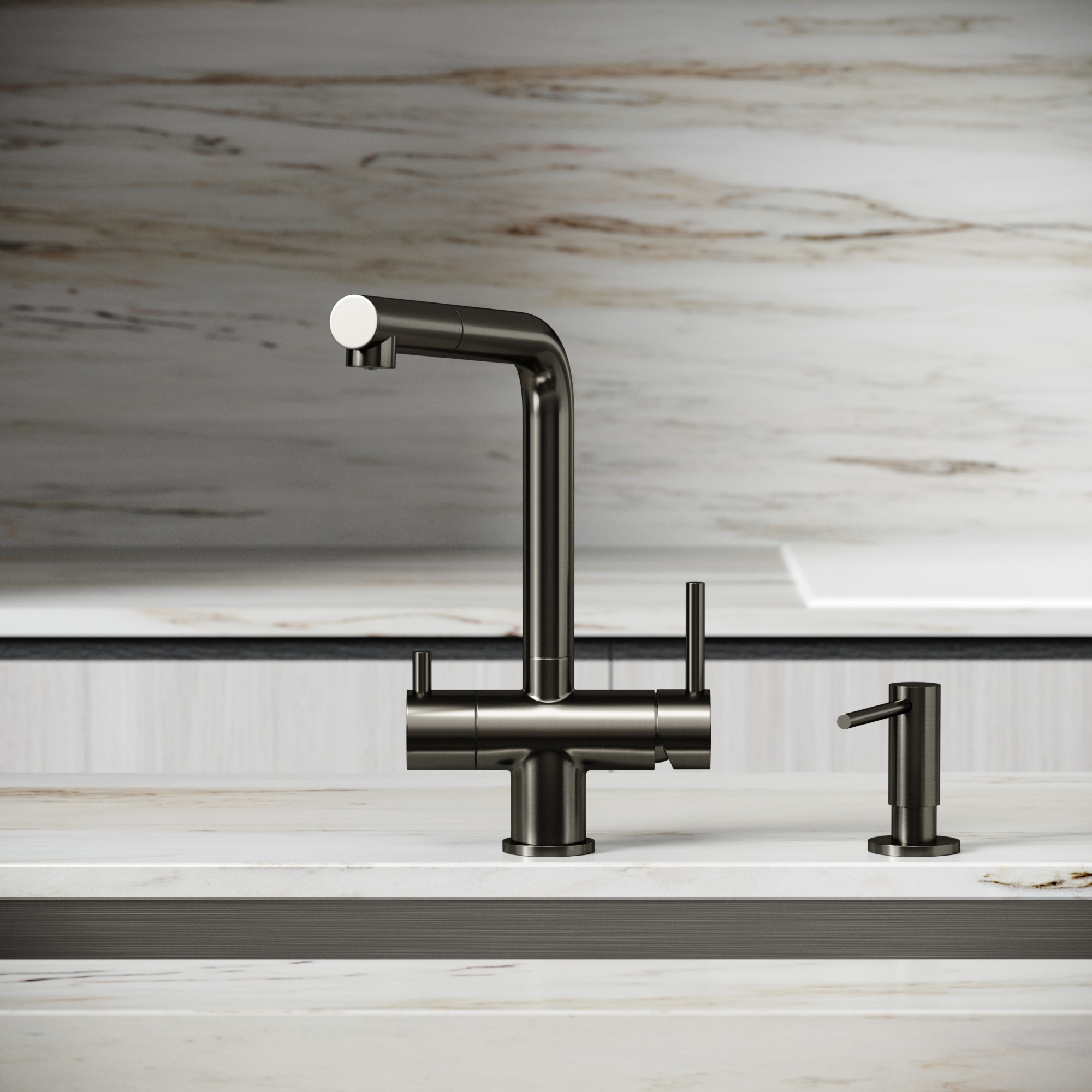 Смеситель для кухни SANCOS Spin с поворотным и вытяжным изливом, c краном для фильтрованной воды, цвет вороненая сталь, арт. SC4015GG