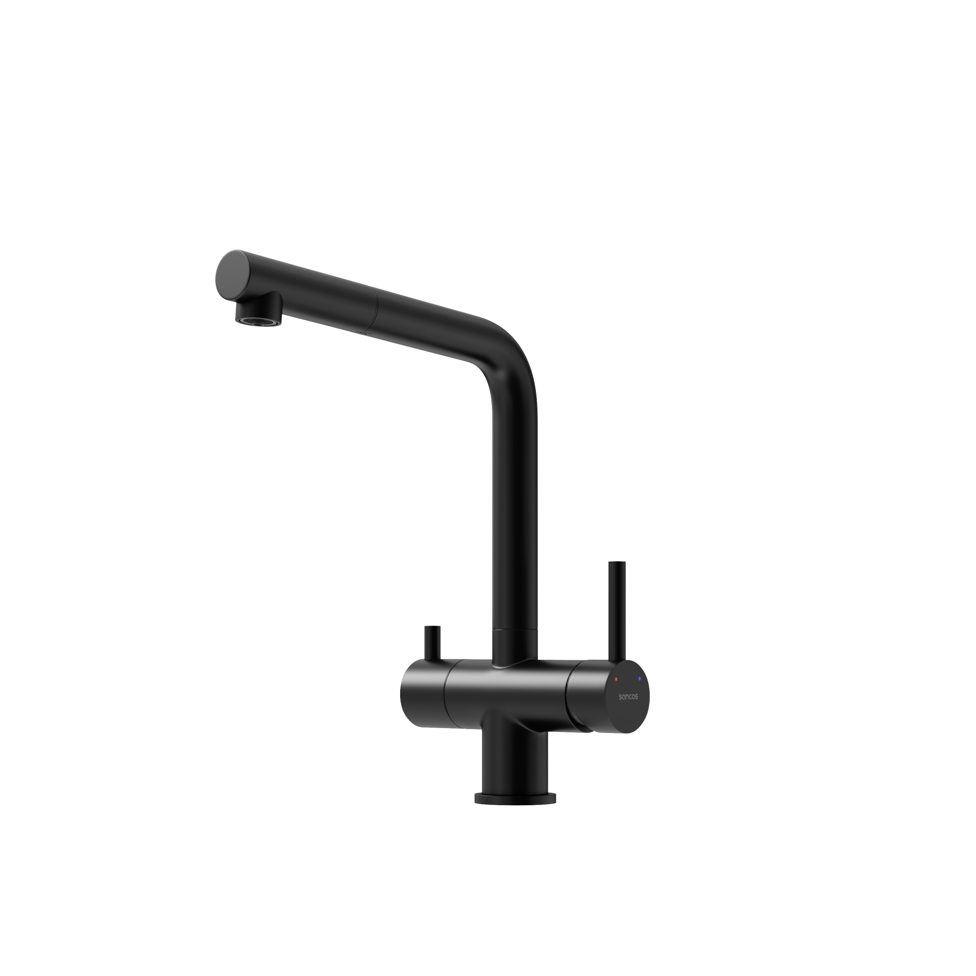Смеситель для кухни SANCOS Spin с поворотным и вытяжным изливом, c краном для фильтрованной воды, цвет черный матовый, арт. SC4015MB