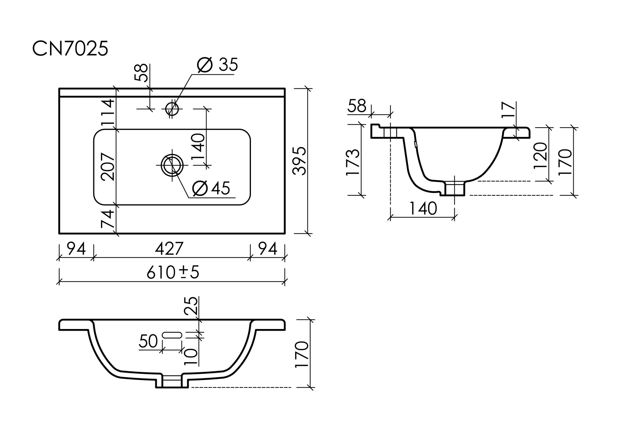 CN7025 Раковина мебельная накладная Compact 610x395x170, цвет белый