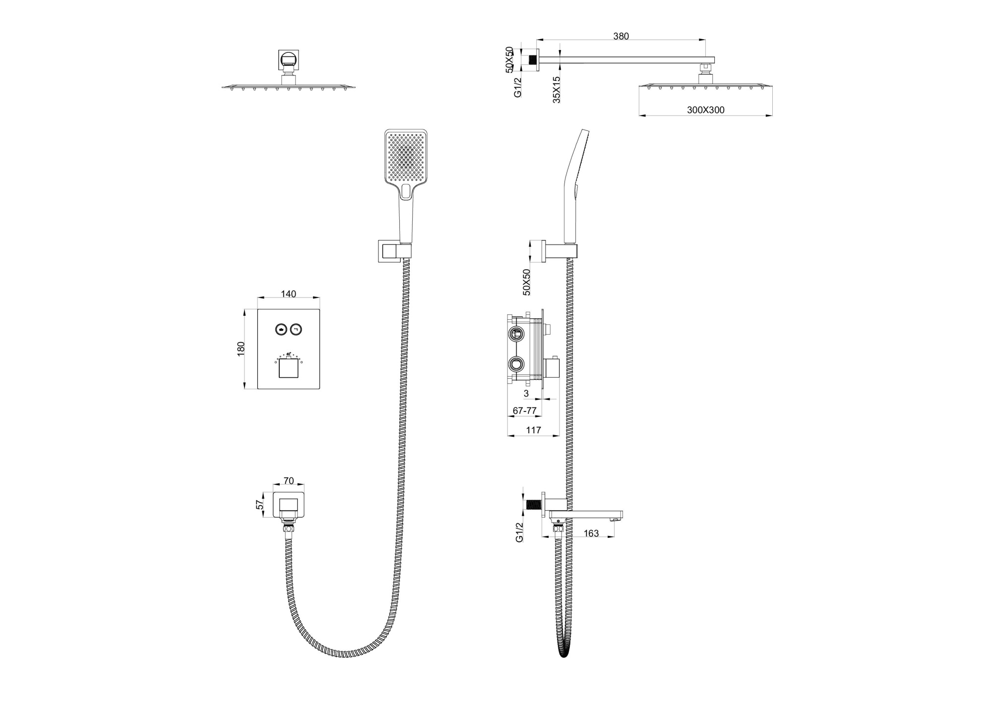 Душевая система с термостатом встраиваемая wonzon & woghand, темный графит (ww-88929003-bgm)