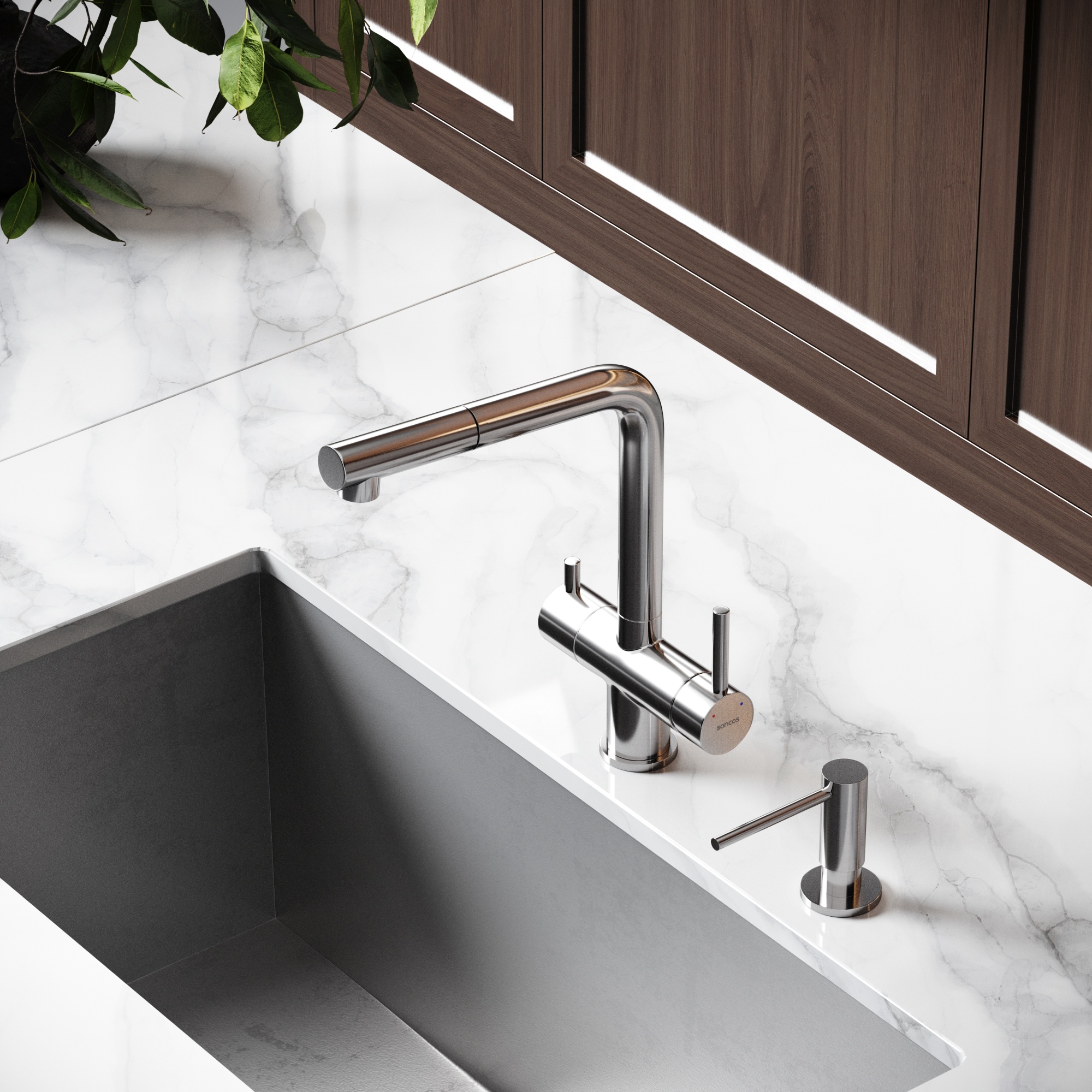 Смеситель для кухни SANCOS Spin с поворотным и вытяжным изливом, c краном для фильтрованной воды, цвет брашированный никель, арт. SC4015BN