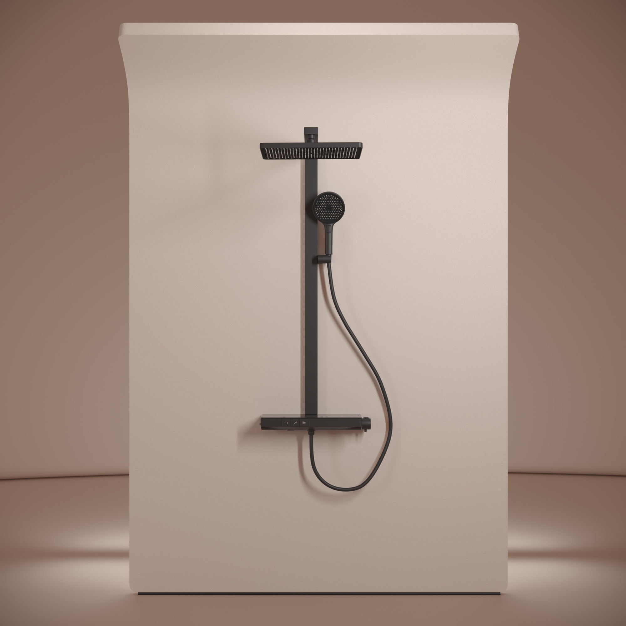 Душевая стойка sancos vos с термостатическим смесителем, изливом, полкой, шлангом 1,5 м, верхним и ручным душем, цвет черный матовый, арт. sc6100mb