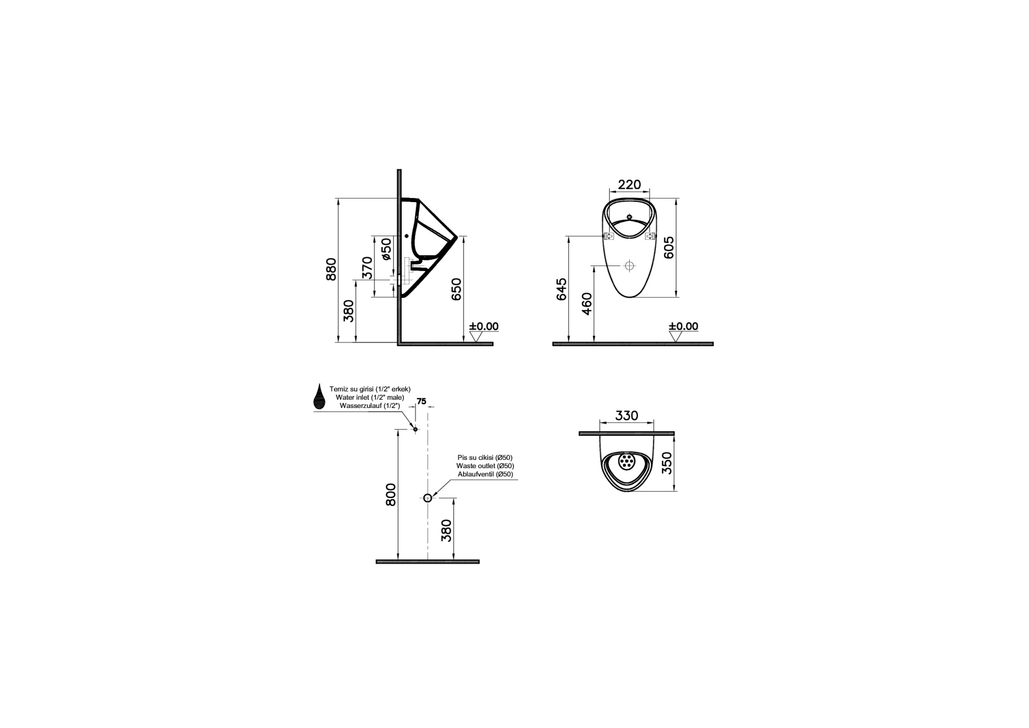 Писсуар plural с встроенным смывным механизмом, питание от батареи, цвет матовый черный Писсуар plural с встроенным смывным механизмом, питание от батареи, цвет матовый черный