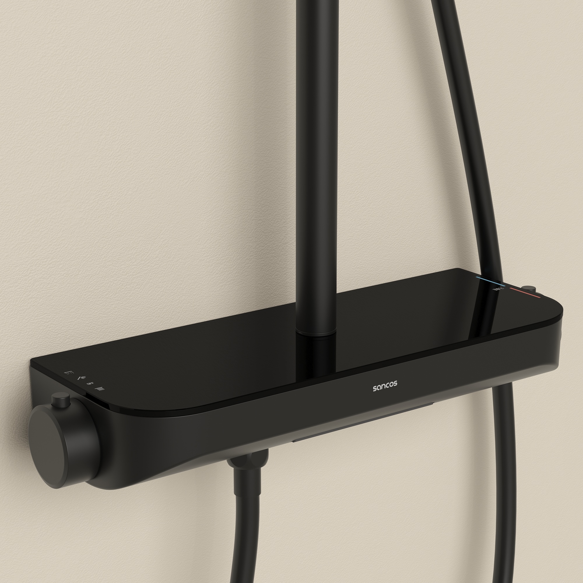 Душевая стойка Sancos Teo c термостатом, встроенным изливом, полкой и с регулировкой по высоте штанги, цвет черный матовый, арт. SC11002MB