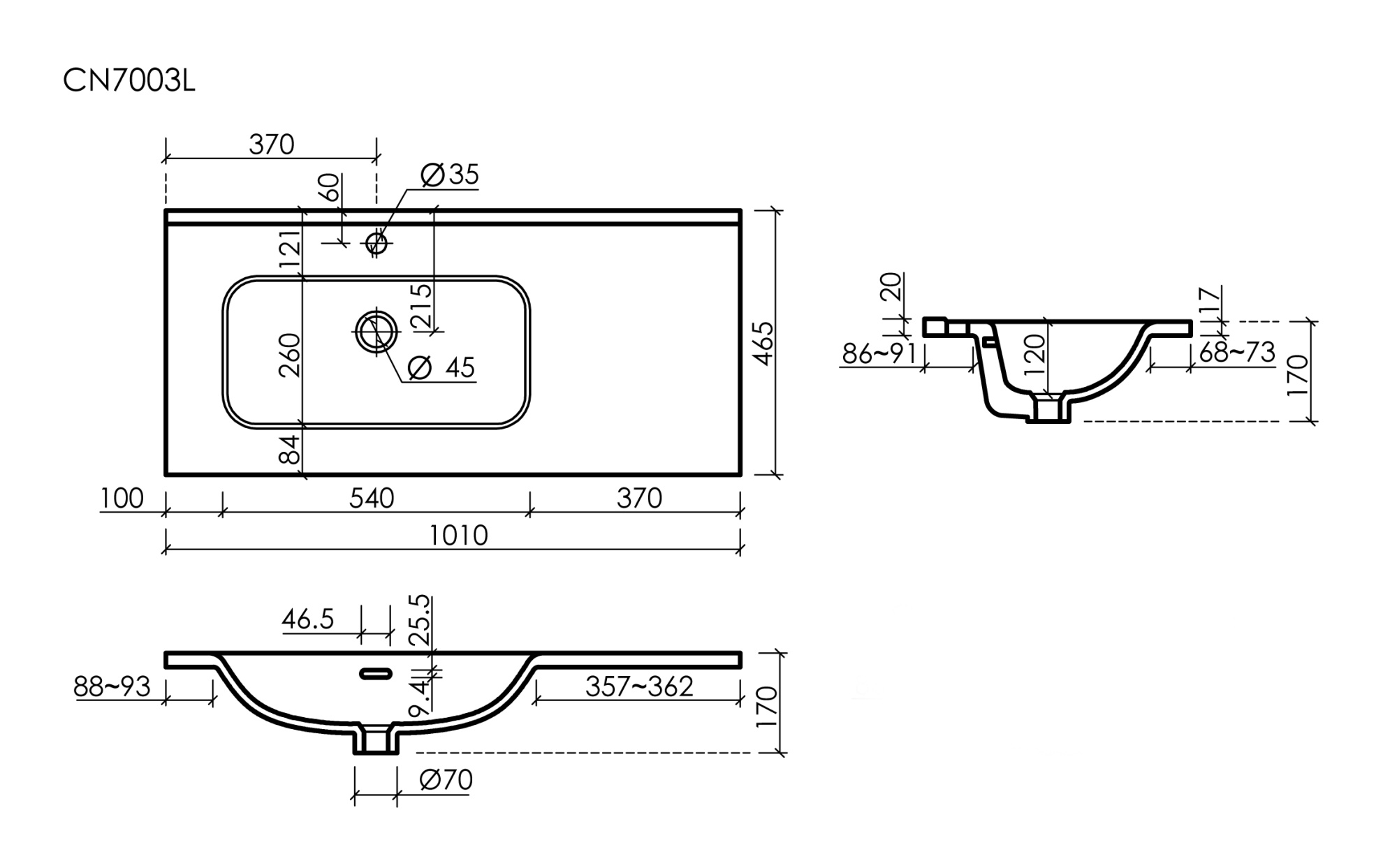 Раковина накладная мебельная element чаша слева с отверстием под смеситель 1010x465x180 мм цвет белый cn7003l