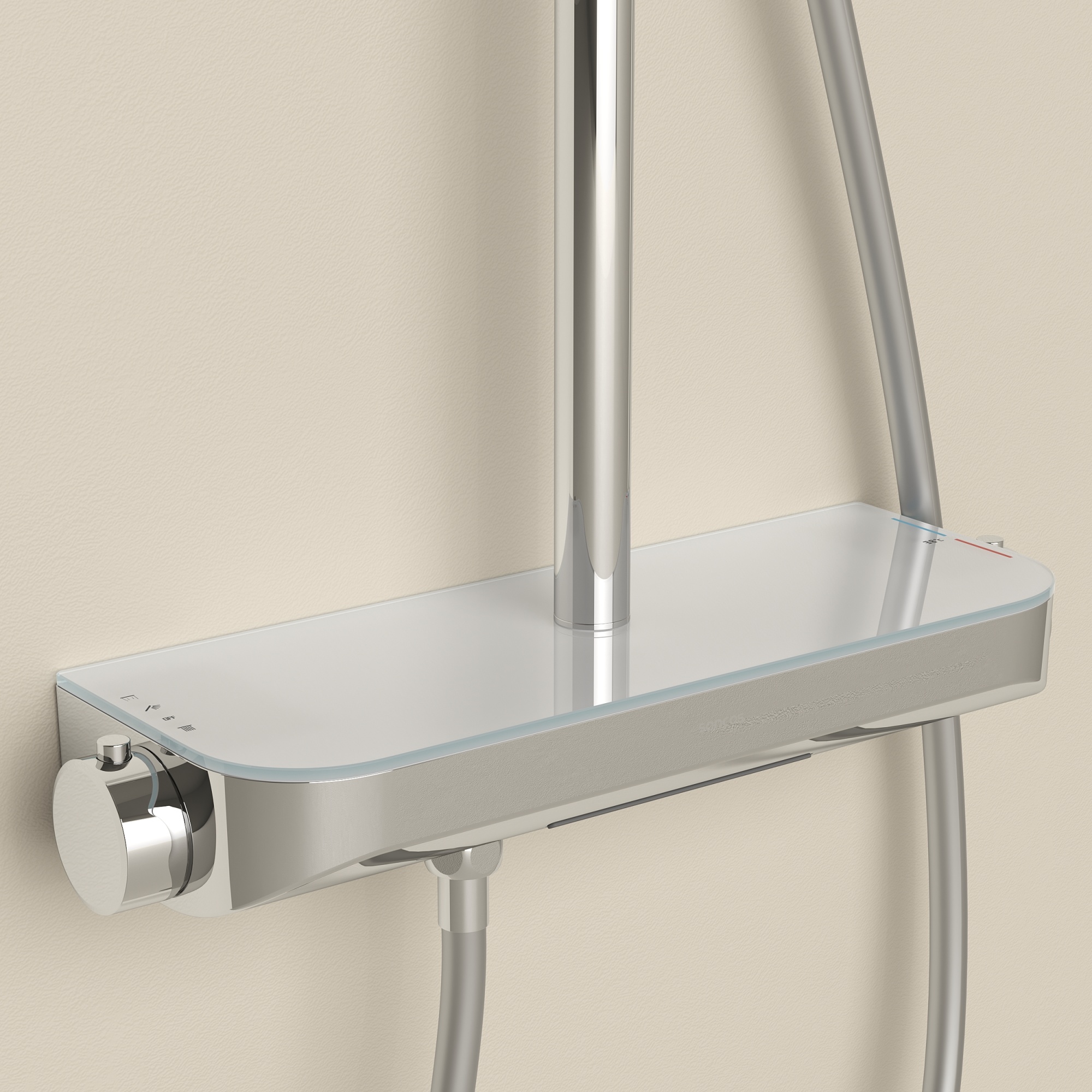 Душевая стойка Sancos Teo c термостатом, встроенным изливом,  полкой и с регулировкой по высоте штанги, цвет хром, арт. SC11002CH