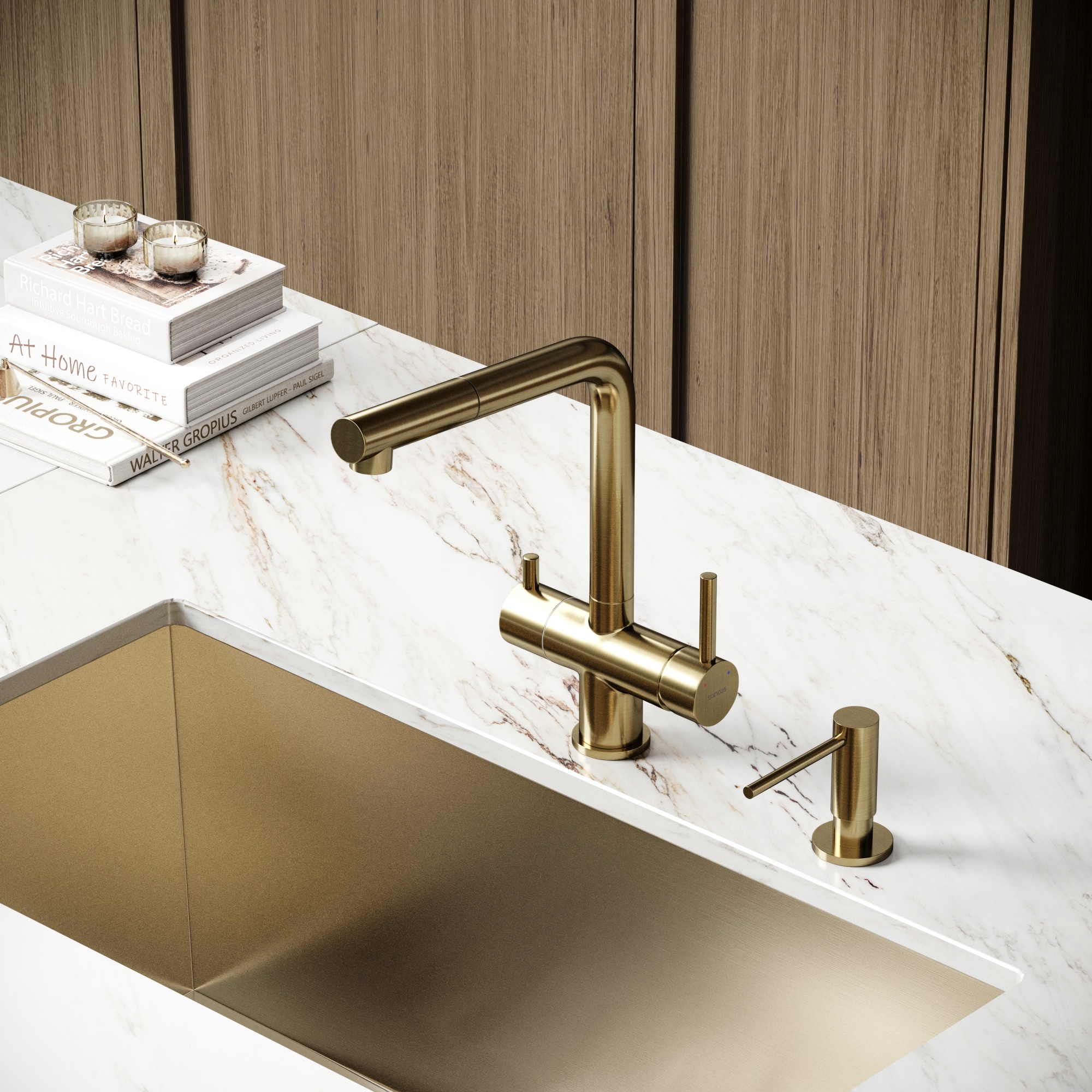 Смеситель для кухни SANCOS Spin с поворотным и вытяжным изливом, c краном для фильтрованной воды, цвет брашированное золото, арт. SC4015BG