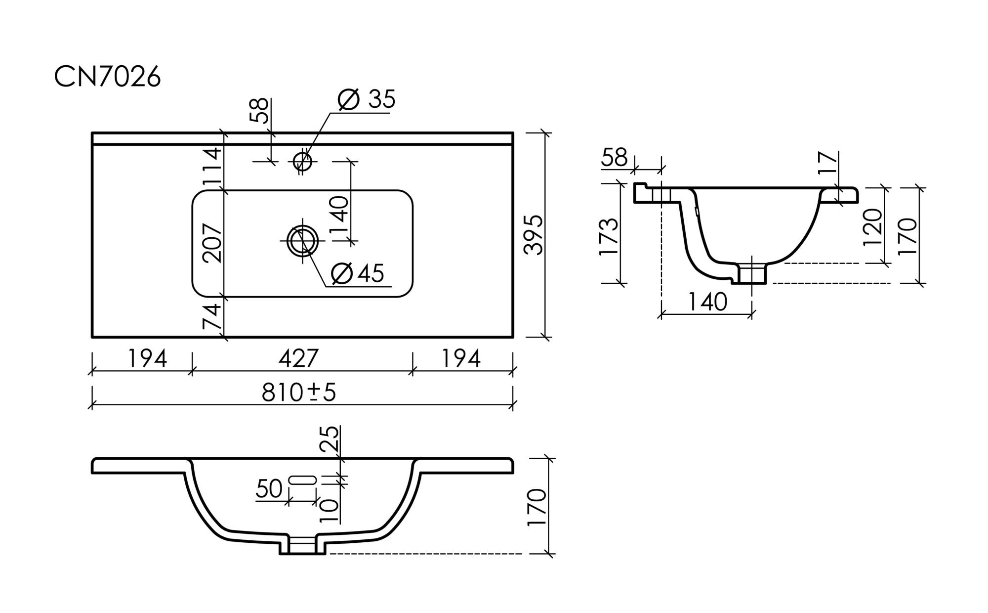 CN7026 Раковина мебельная накладная Compact 810x395x170, цвет белый