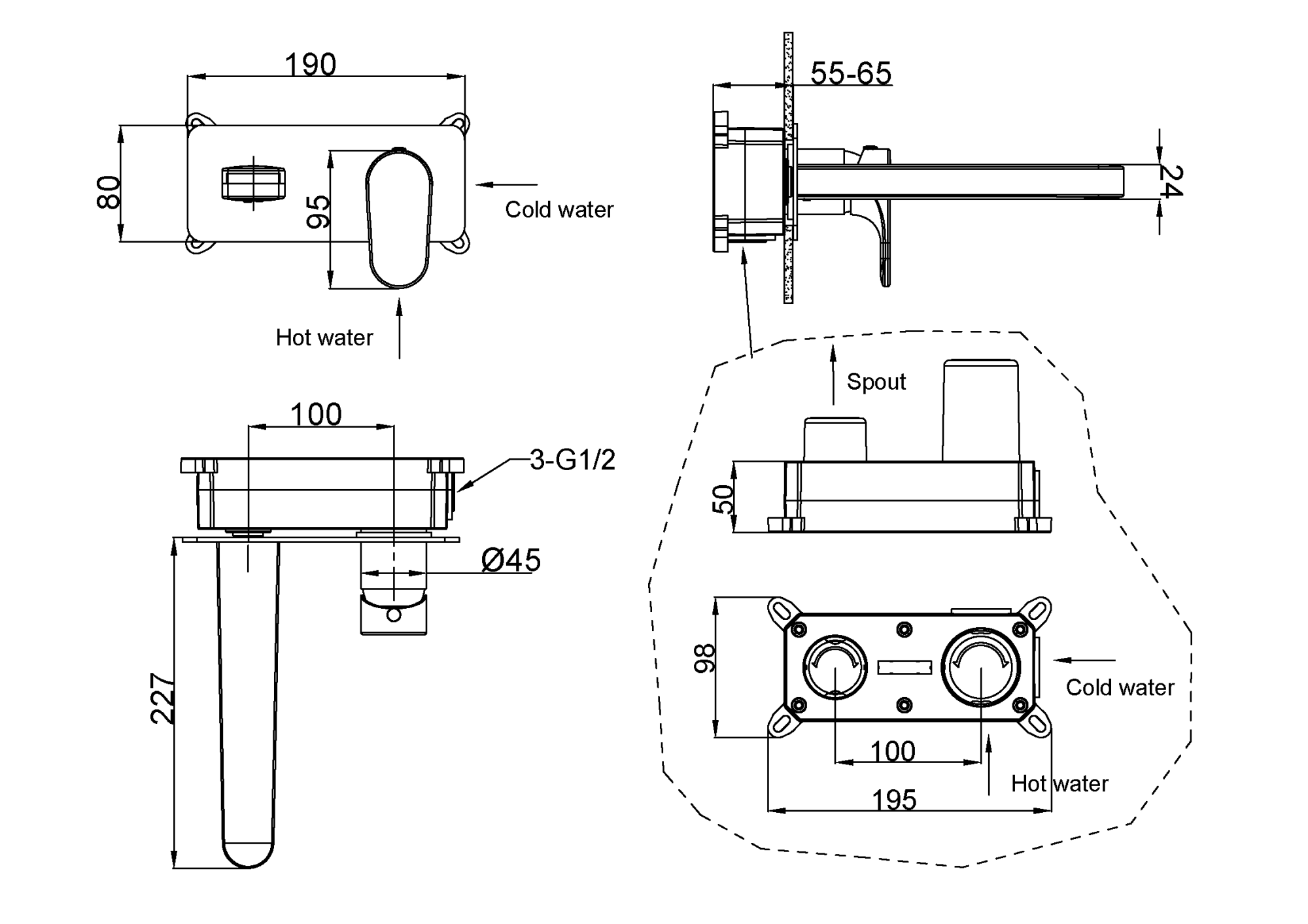 Смеситель для раковины настенный  boheme spectre 455-mg золото матовое