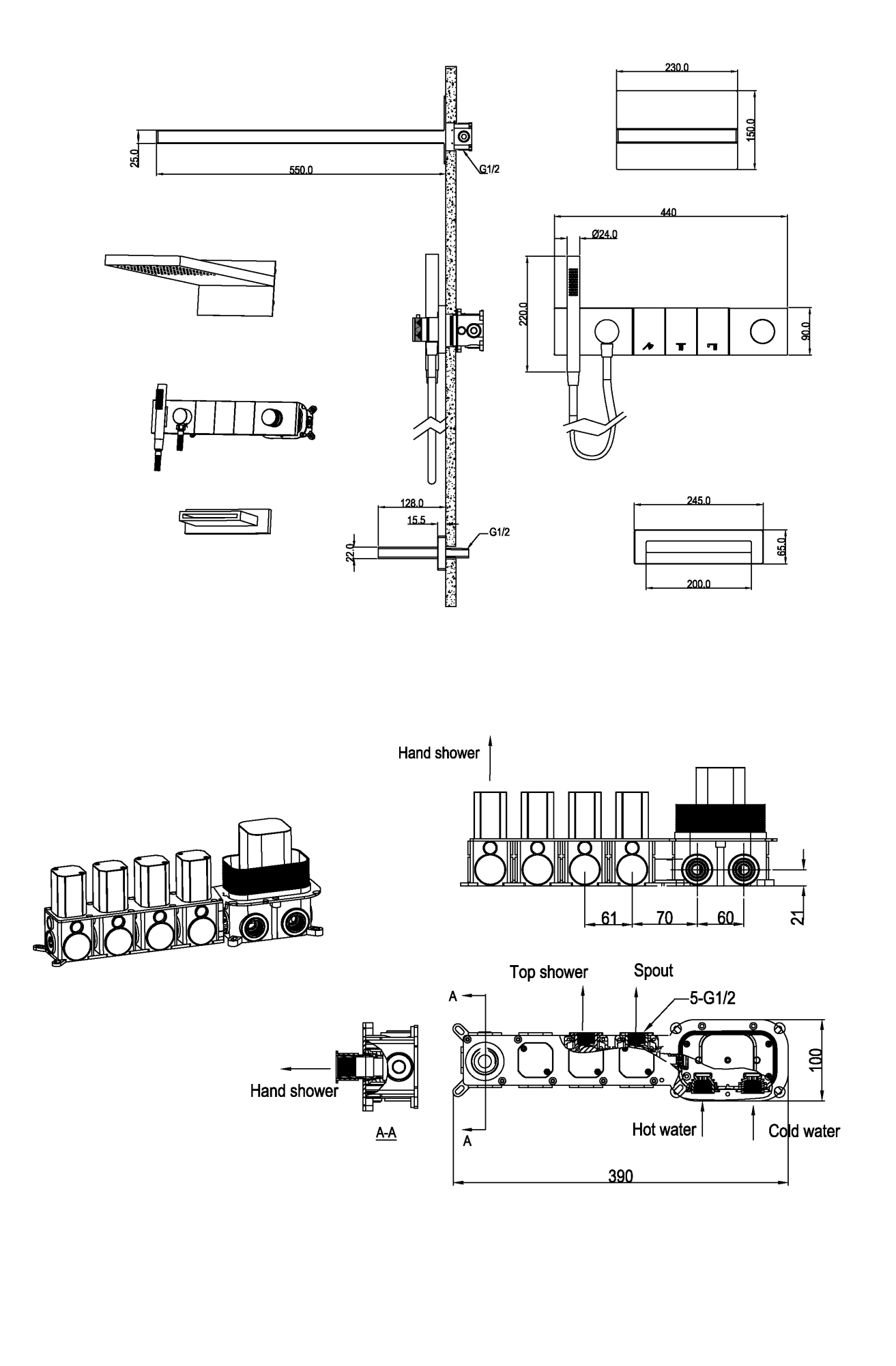 Встроенная душевая система с изливом zodiac, трехпозиционная copper brushed