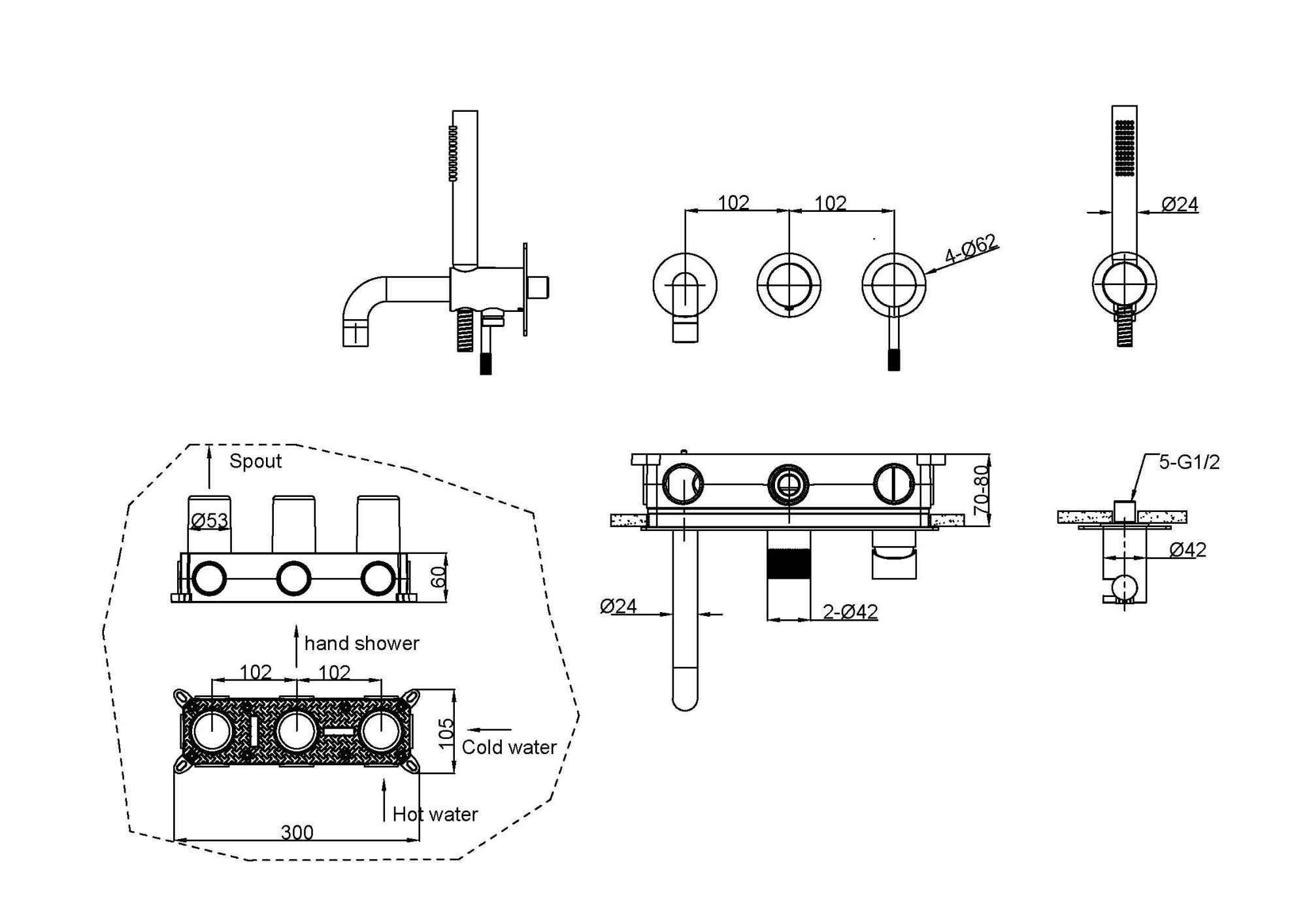 Смеситель встроенный + ручной душ + излив uno gold