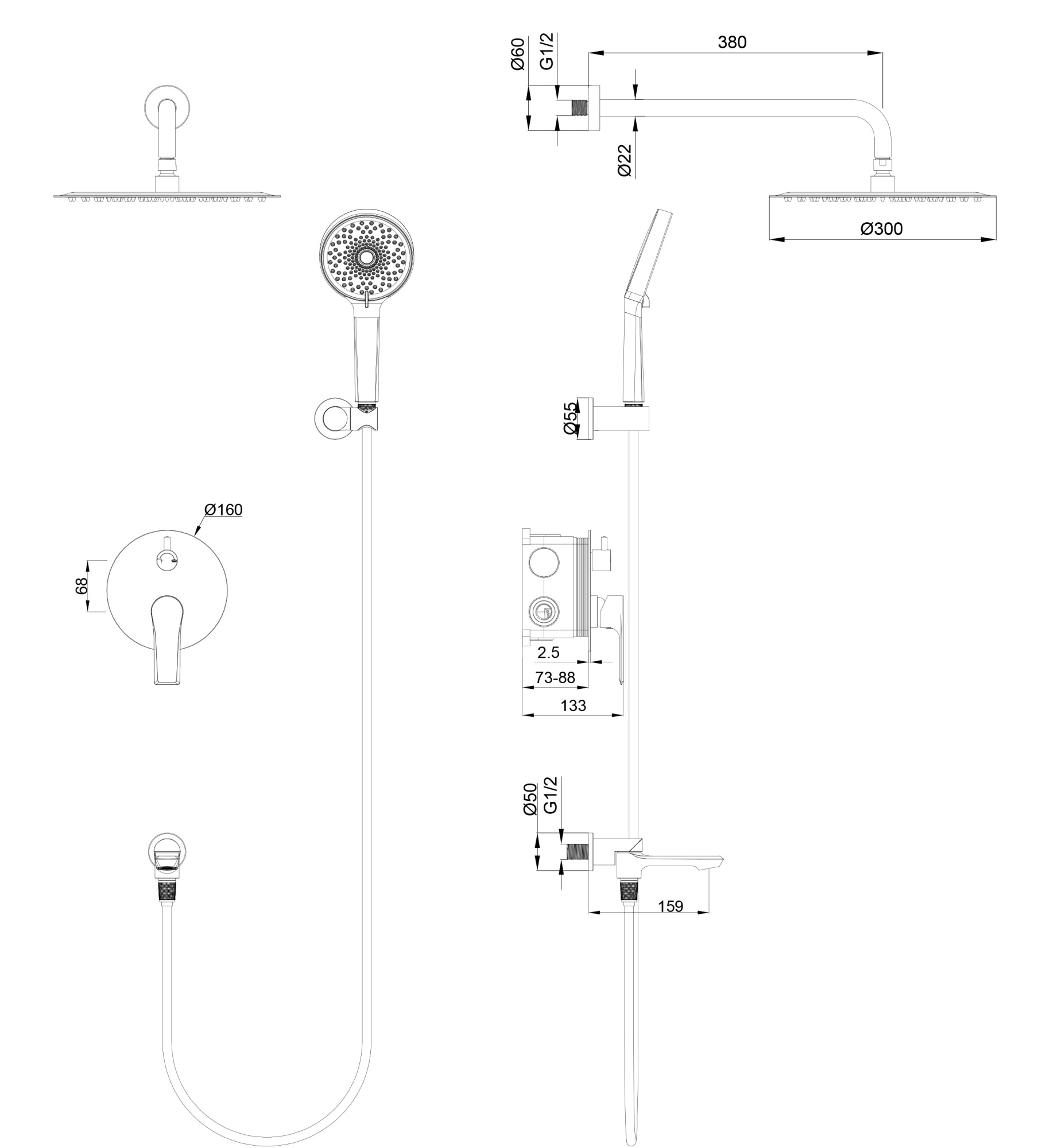 Душевая система встраиваемая wonzon & woghand brilliant, черный матовый (ww-88939079-mb)