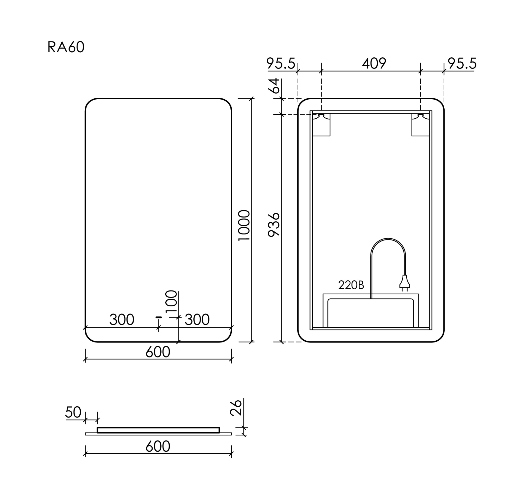 Зеркало для ванной комнаты SANCOS Ray 600х1000 c подсветкой, арт. RA600