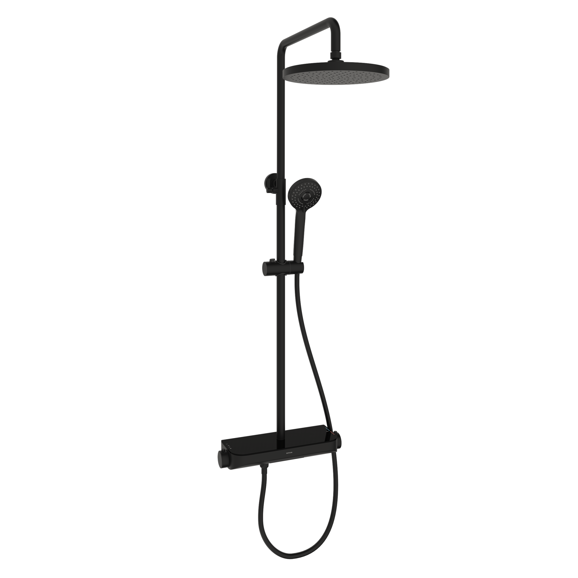 Душевая стойка Sancos Teo c термостатом, встроенным изливом, полкой и с регулировкой по высоте штанги, цвет черный матовый, арт. SC11002MB