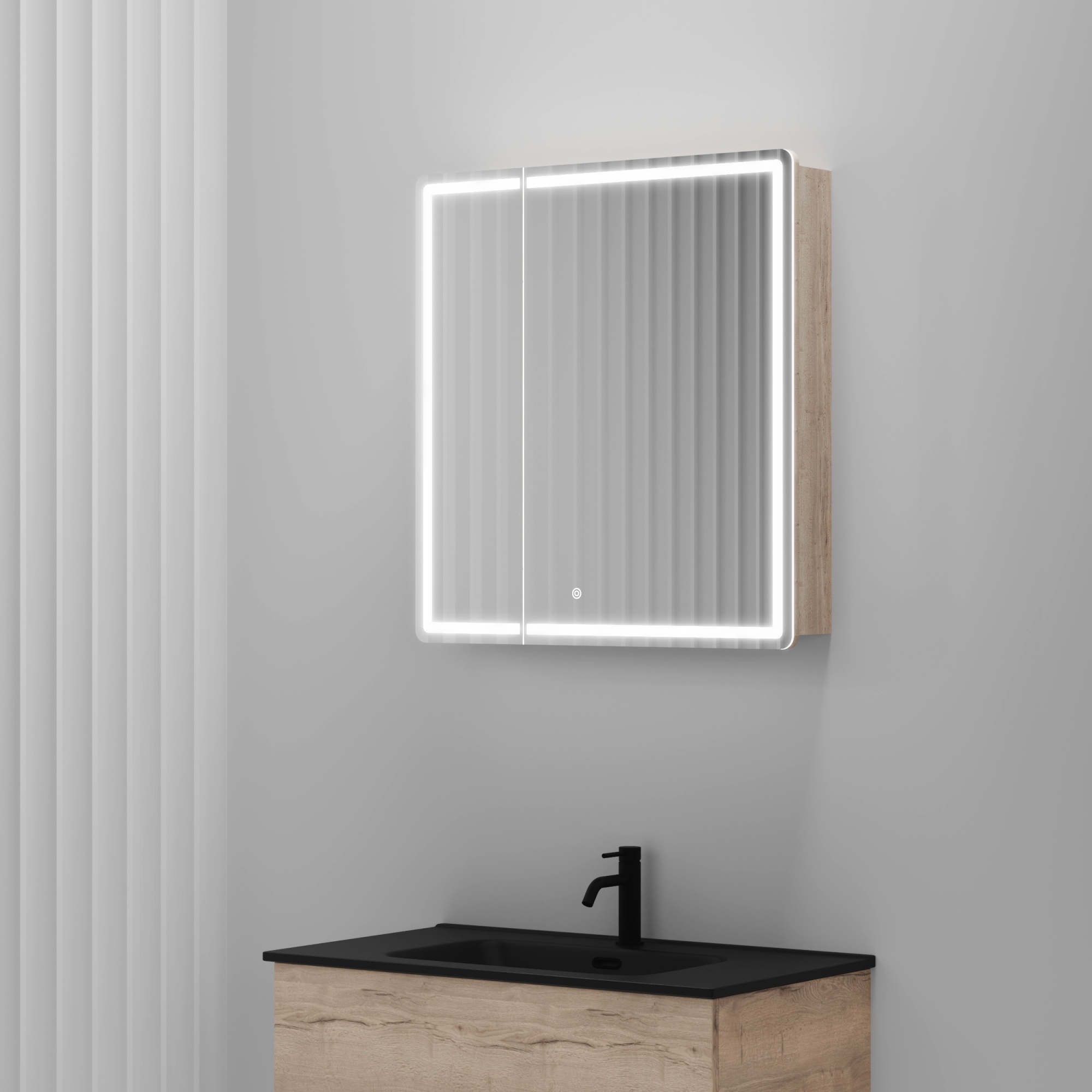 Зеркальный шкаф для ванной комнаты sancos mirror 690x150х740 мм, с led подсветкой, цвет дуб галифакс натуральный, с розеткойарт. mi70eg