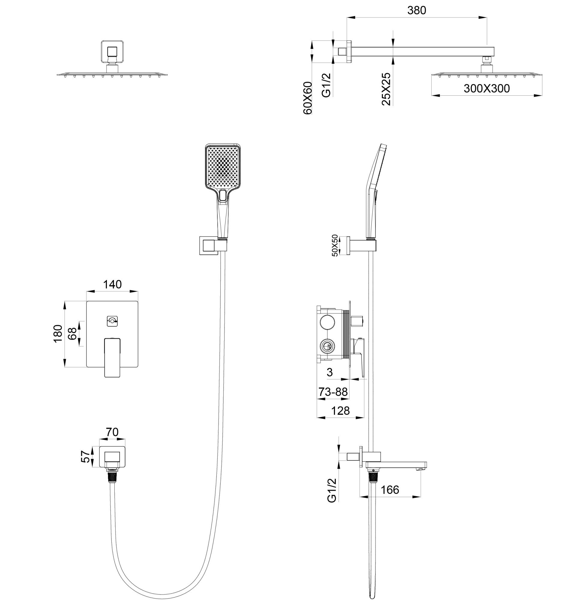 Душевая система встраиваемая wonzon & woghand cube 2.0, темный графит (ww-88939068-bgm)