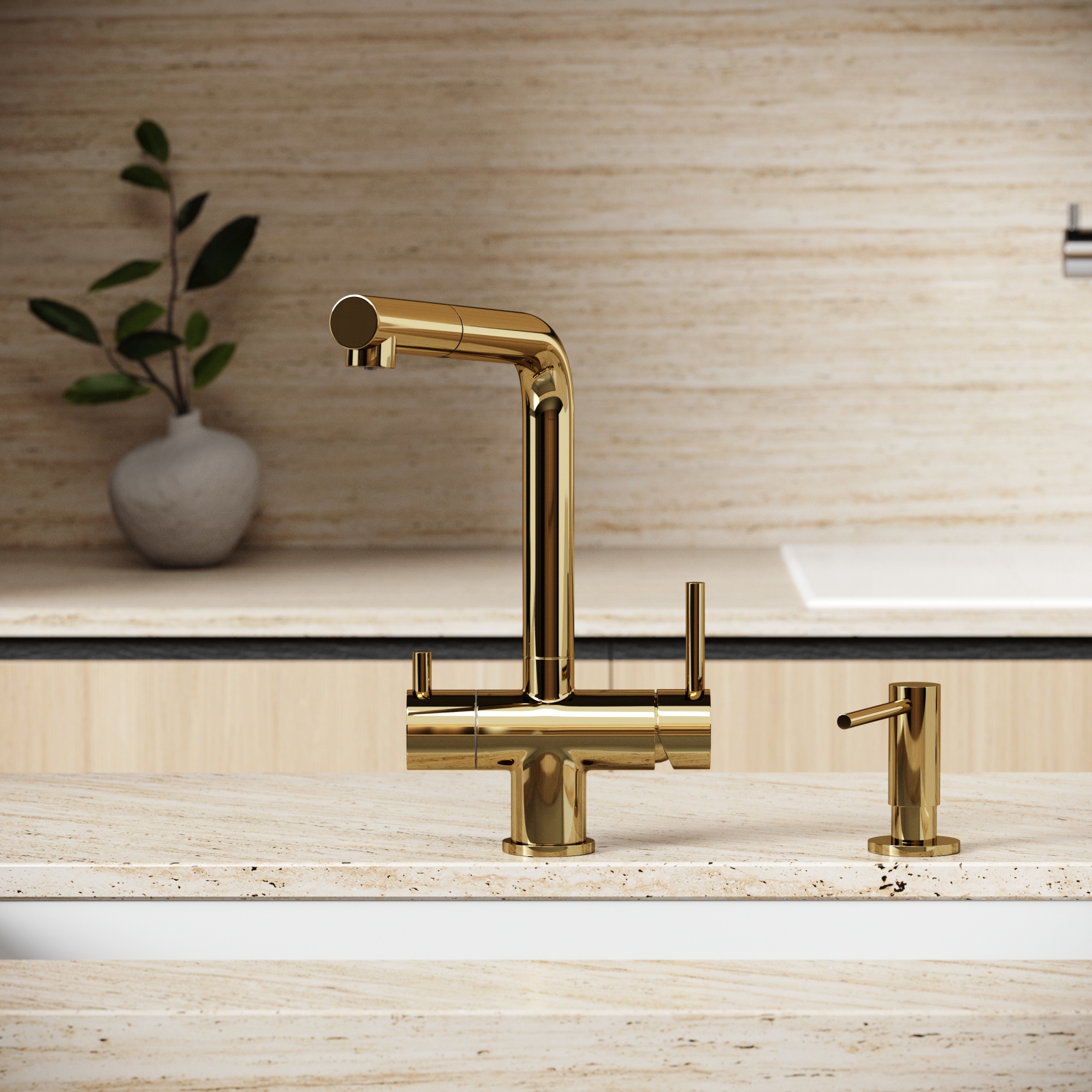 Смеситель для кухни SANCOS Spin с поворотным и вытяжным изливом, c краном для фильтрованной воды, цвет полированное золото, арт. SC4015ZG