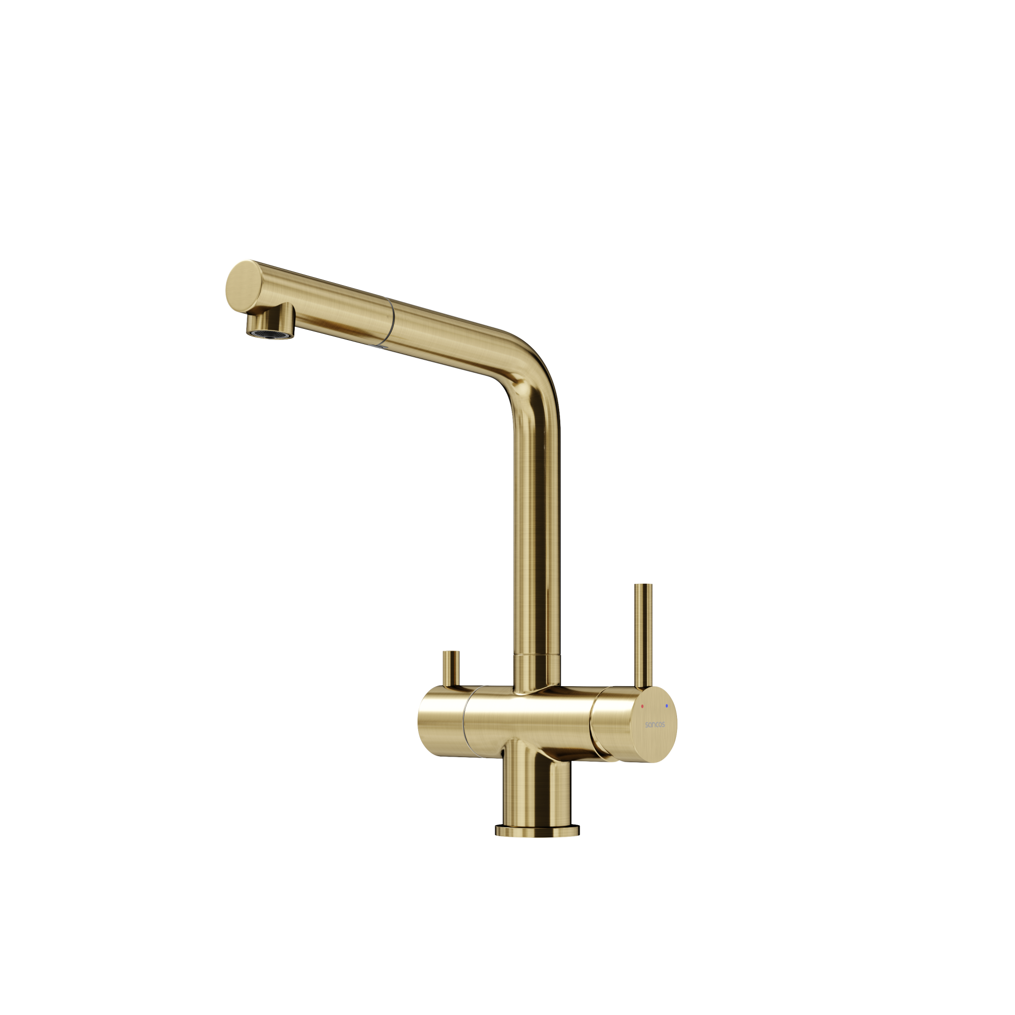 Смеситель для кухни SANCOS Spin с поворотным и вытяжным изливом, c краном для фильтрованной воды, цвет брашированное золото, арт. SC4015BG