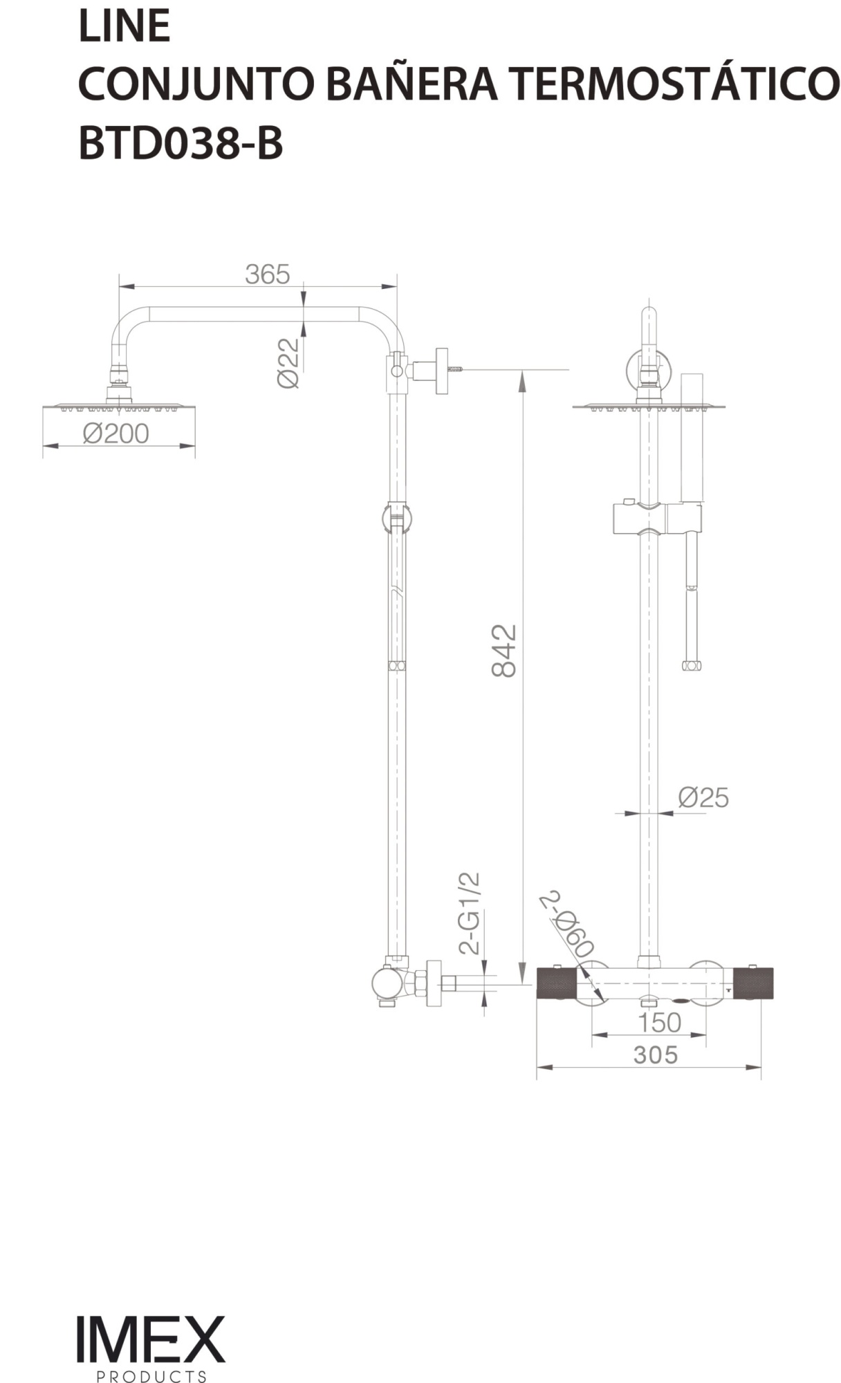 Душевая система термостатическая настенная для ванны/душа с изливом верхним душем и лейкой imex line btd038-b/ng matt black
